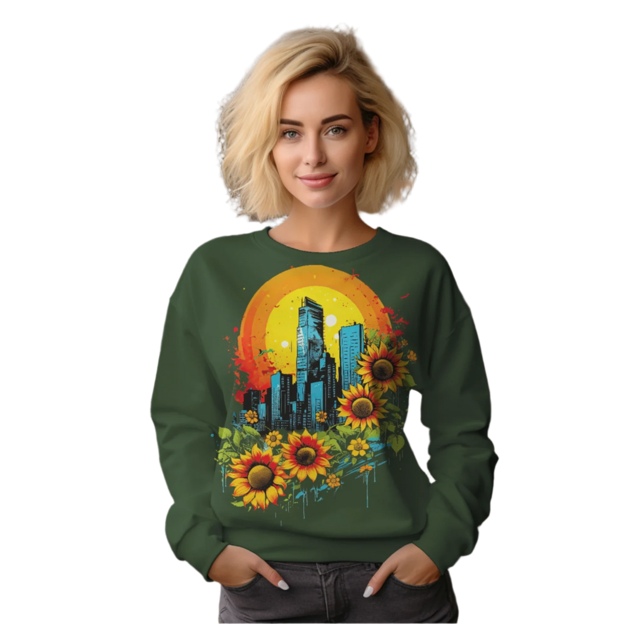 Sunflower City Sweatshirt: Embrace Urban Serenity and Energy Forest Green