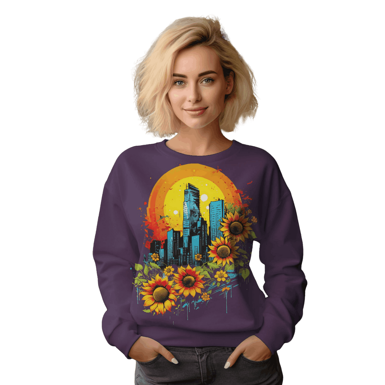 Sunflower City Sweatshirt: Embrace Urban Serenity and Energy Purple