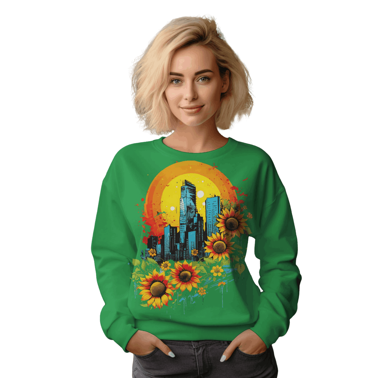 Sunflower City Sweatshirt: Embrace Urban Serenity and Energy Irish Green