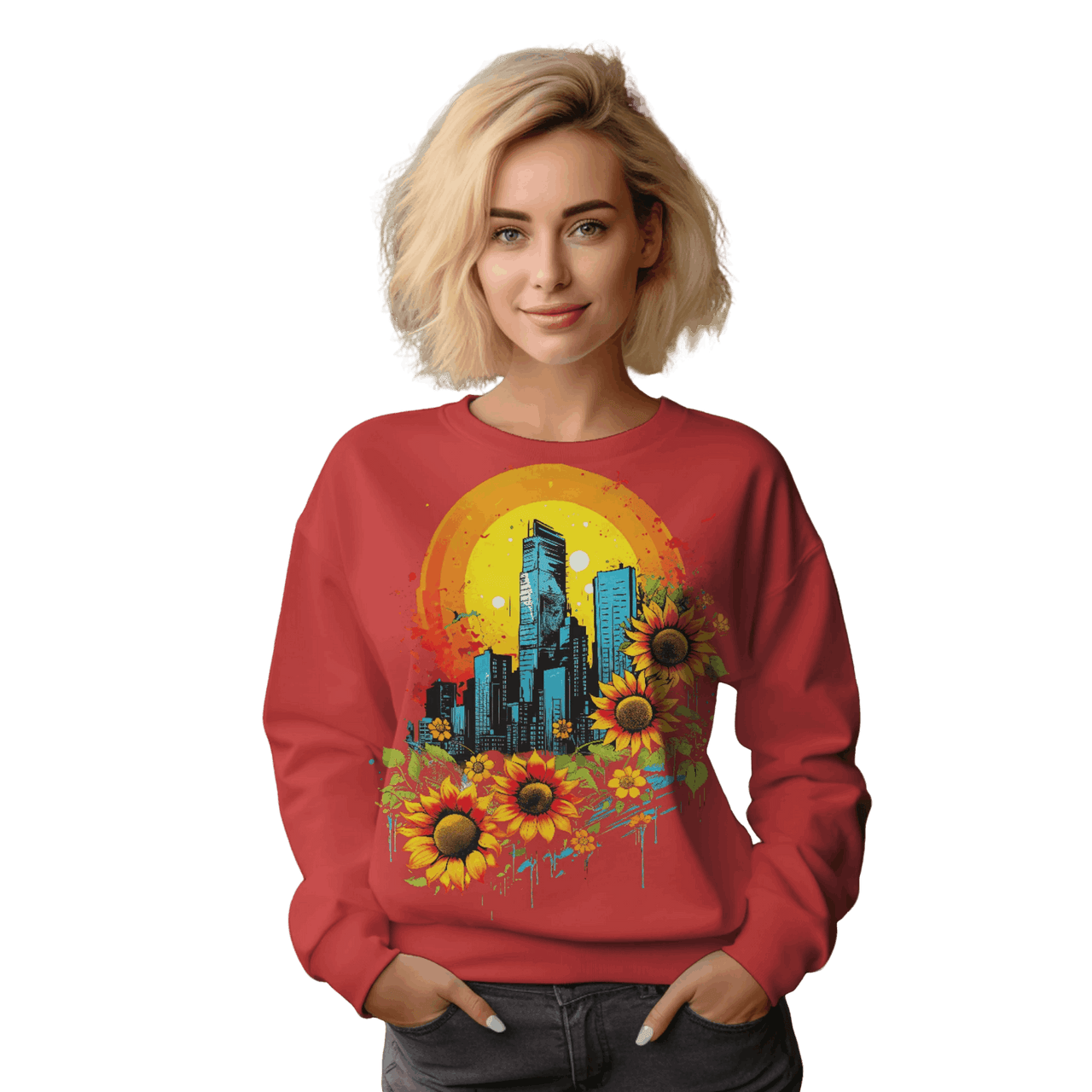 Sunflower City Sweatshirt: Embrace Urban Serenity and Energy Red