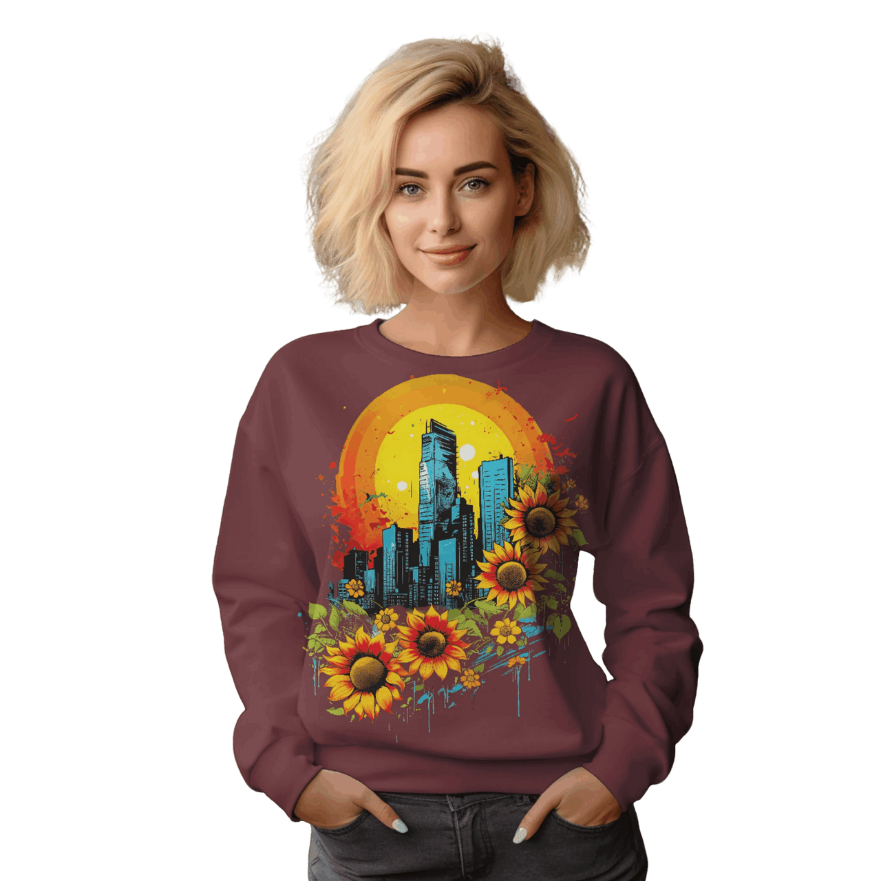 Sunflower City Sweatshirt: Embrace Urban Serenity and Energy Maroon