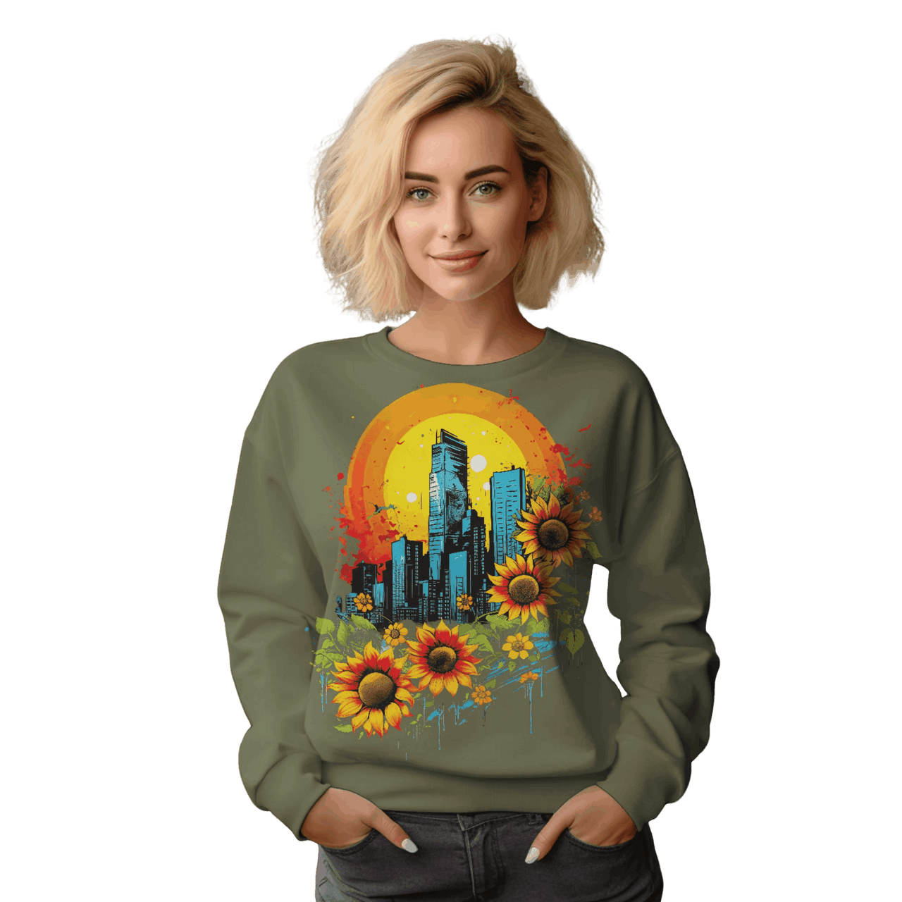 Sunflower City Sweatshirt: Embrace Urban Serenity and Energy Military Green