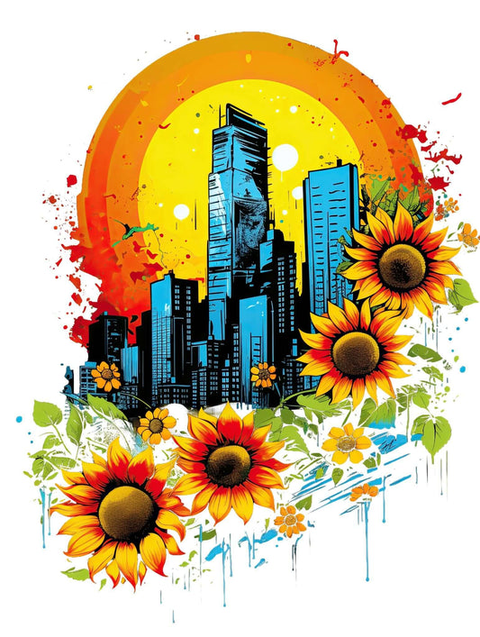 Urban Oasis Sunflower City T-Shirt: Nature Meets Urban Adventure