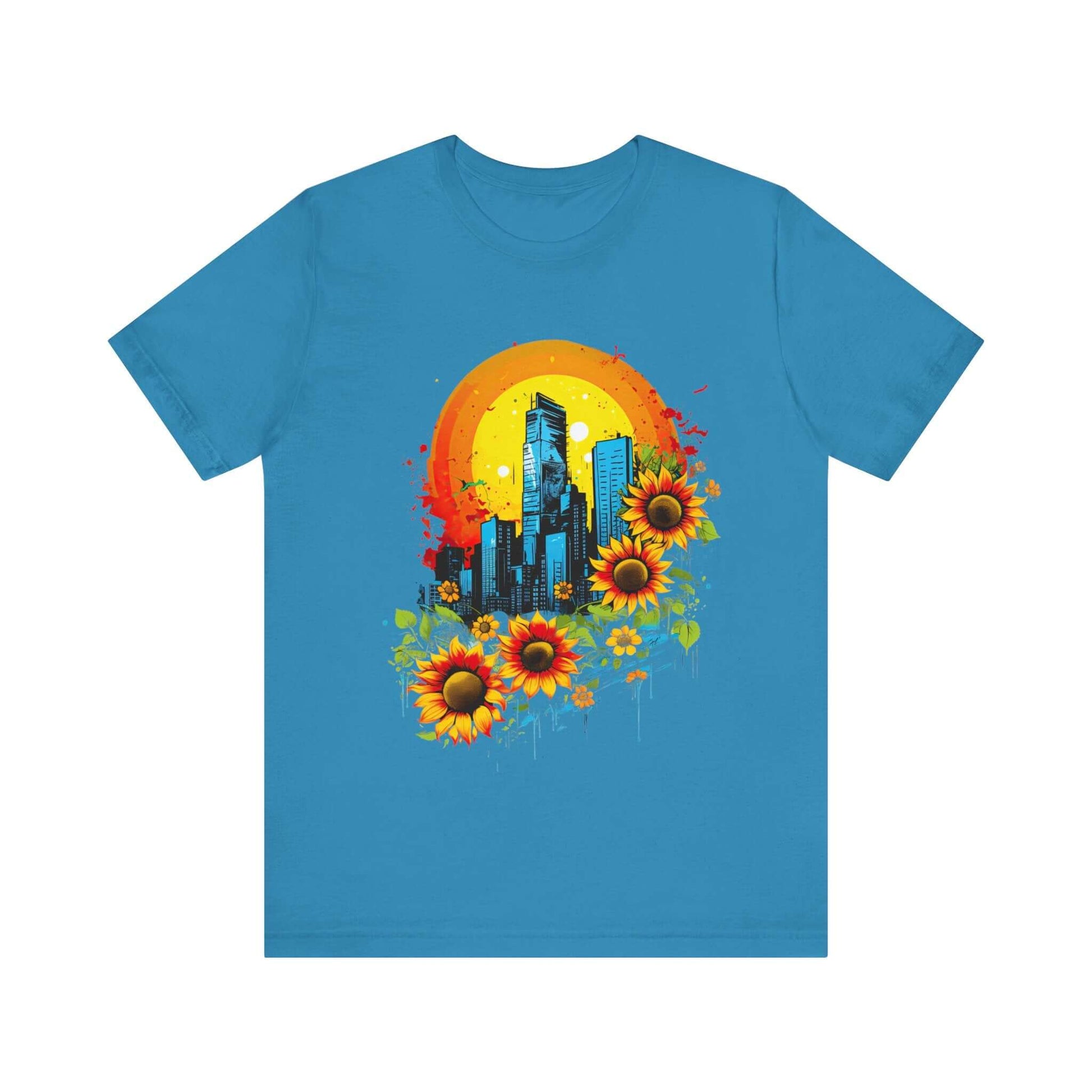 Urban Oasis Sunflower City T-Shirt: Nature Meets Urban Adventure