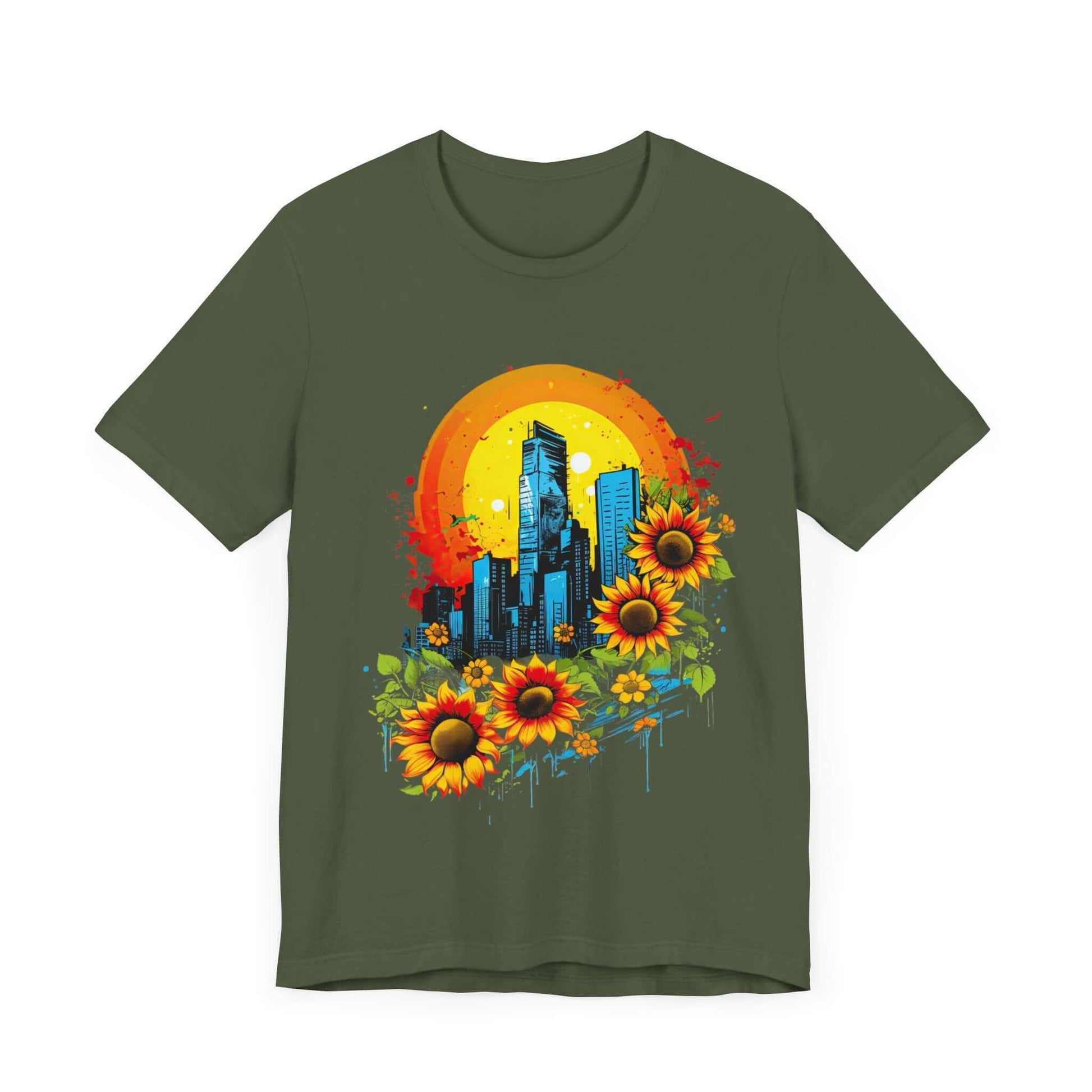 Urban Oasis Sunflower City T-Shirt: Nature Meets Urban Adventure