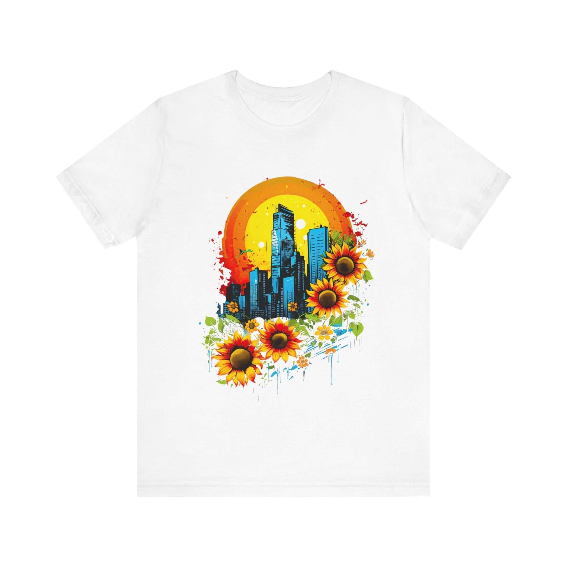 Urban Oasis Sunflower City T-Shirt: Nature Meets Urban Adventure