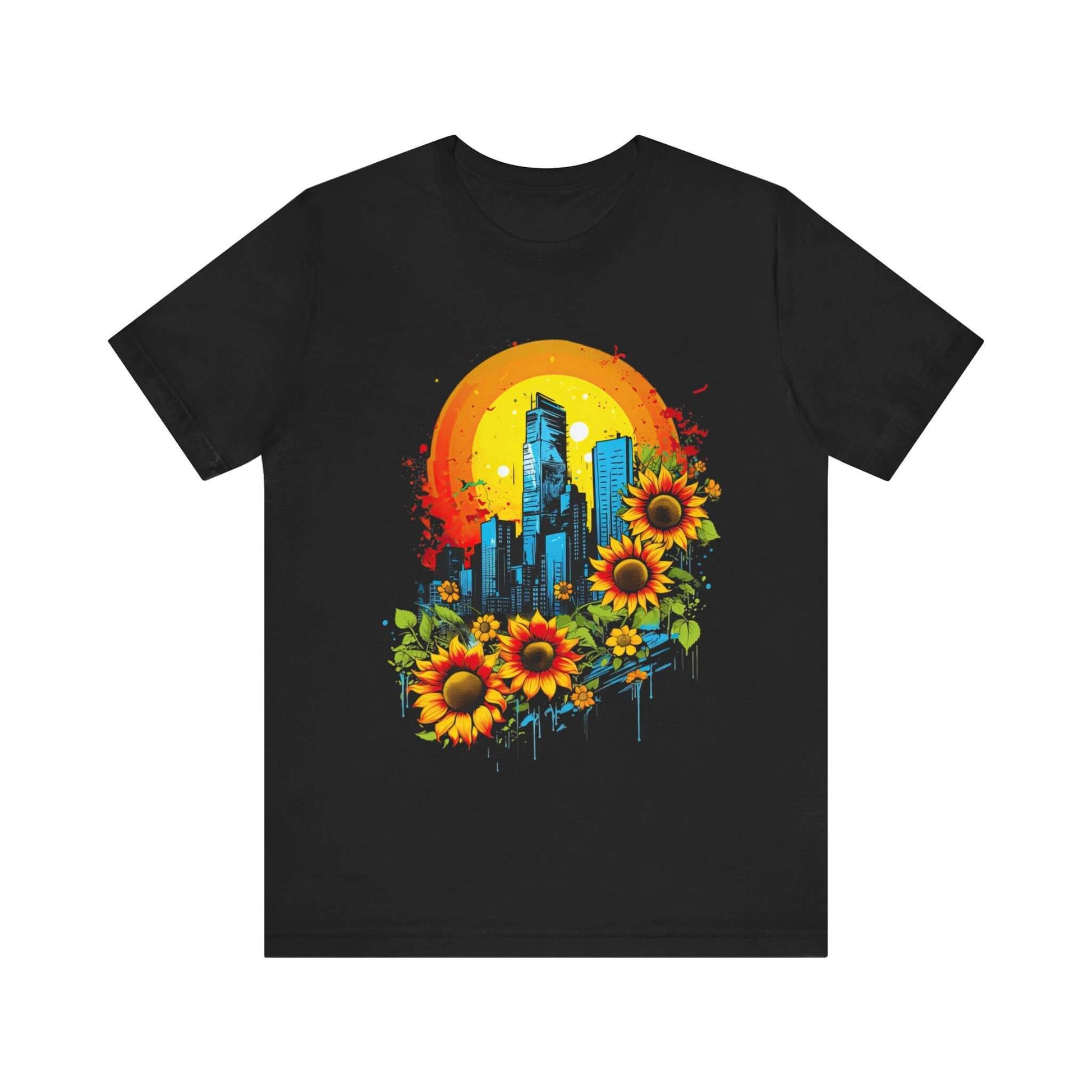 Urban Oasis Sunflower City T-Shirt: Nature Meets Urban Adventure