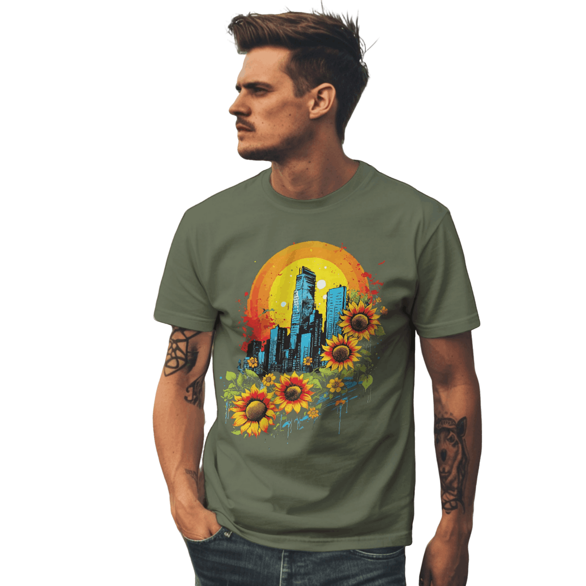 Urban Oasis Sunflower City T-Shirt: Nature Meets Urban Adventure