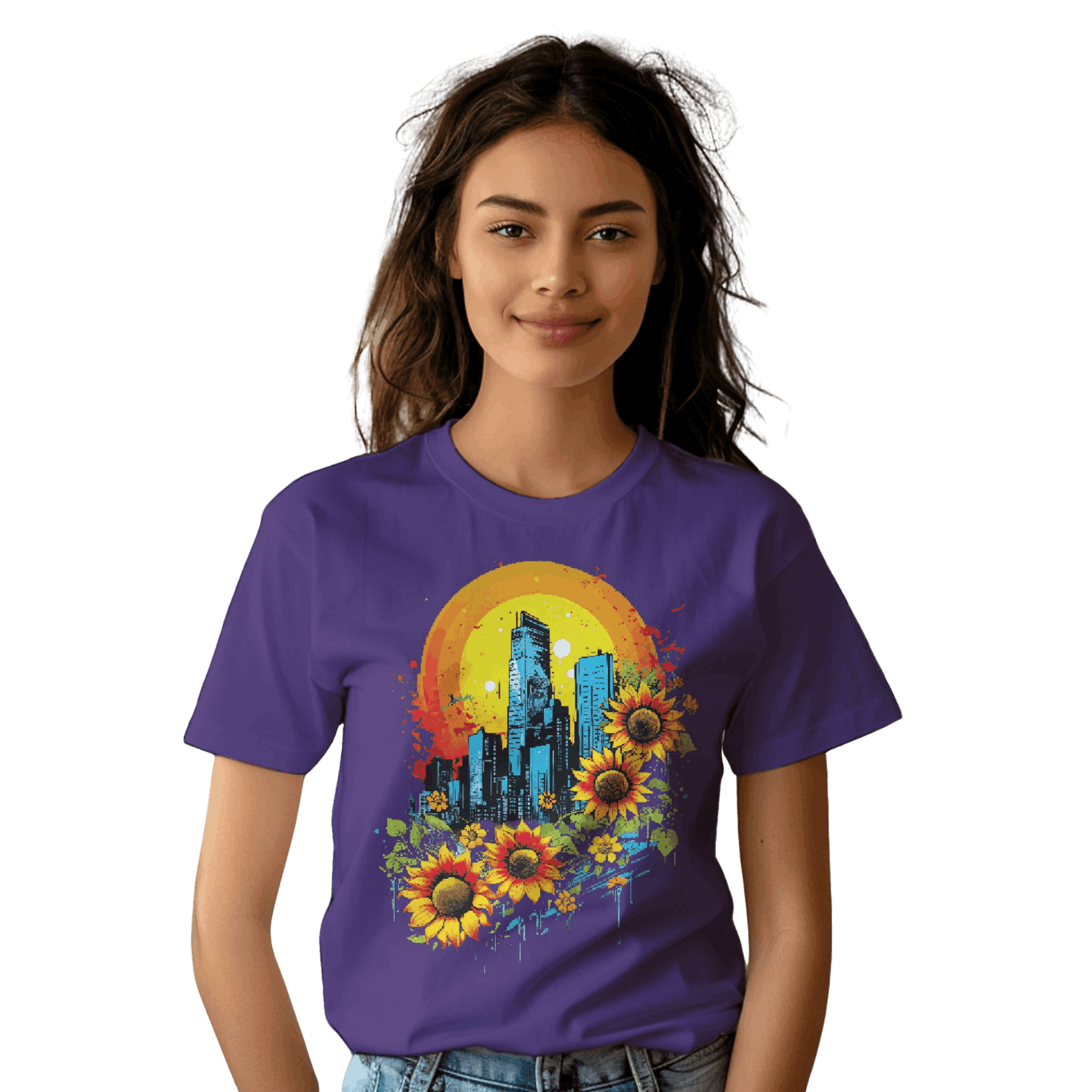 Urban Oasis Sunflower City T-Shirt: Nature Meets Urban Adventure Team Purple