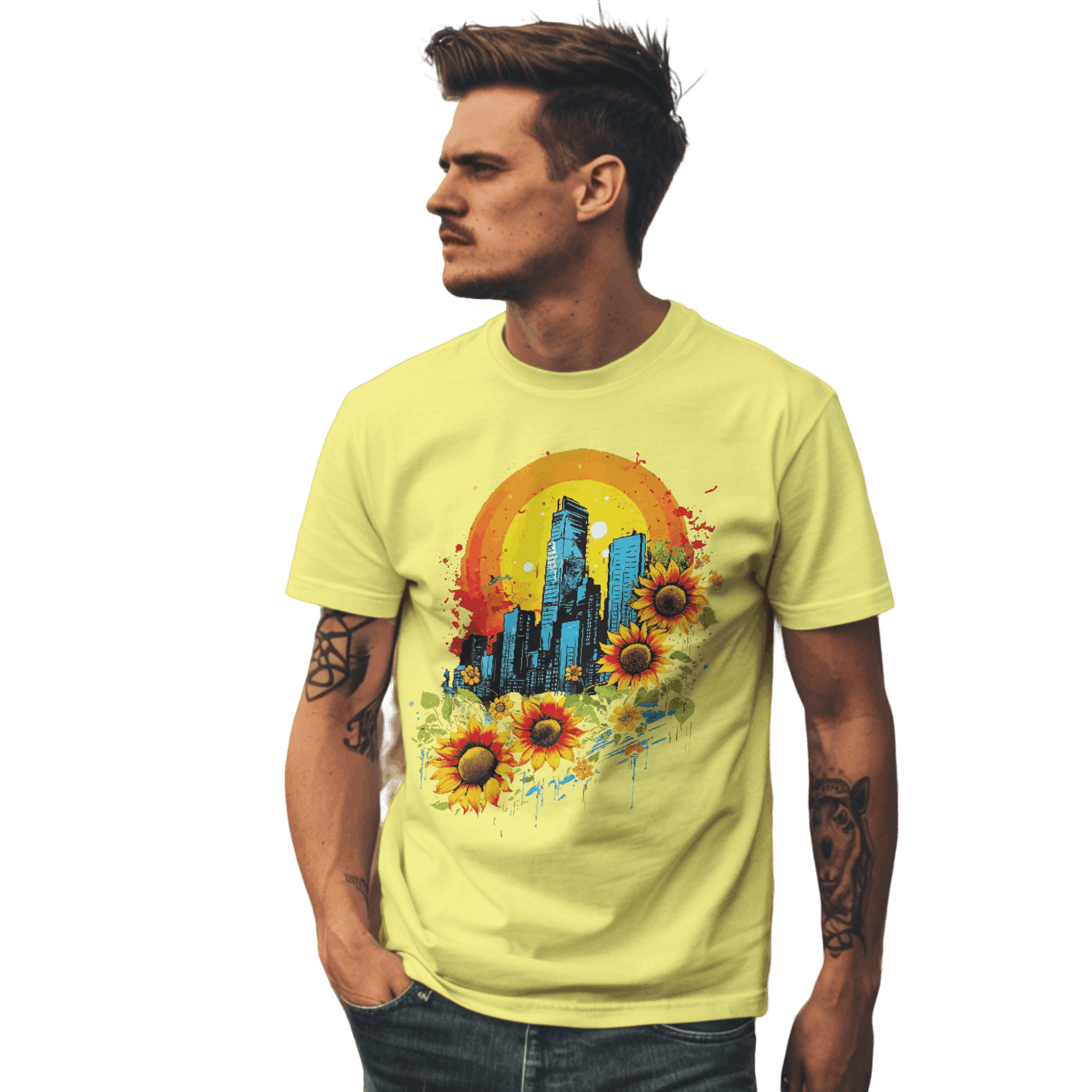 Urban Oasis Sunflower City T-Shirt: Nature Meets Urban Adventure