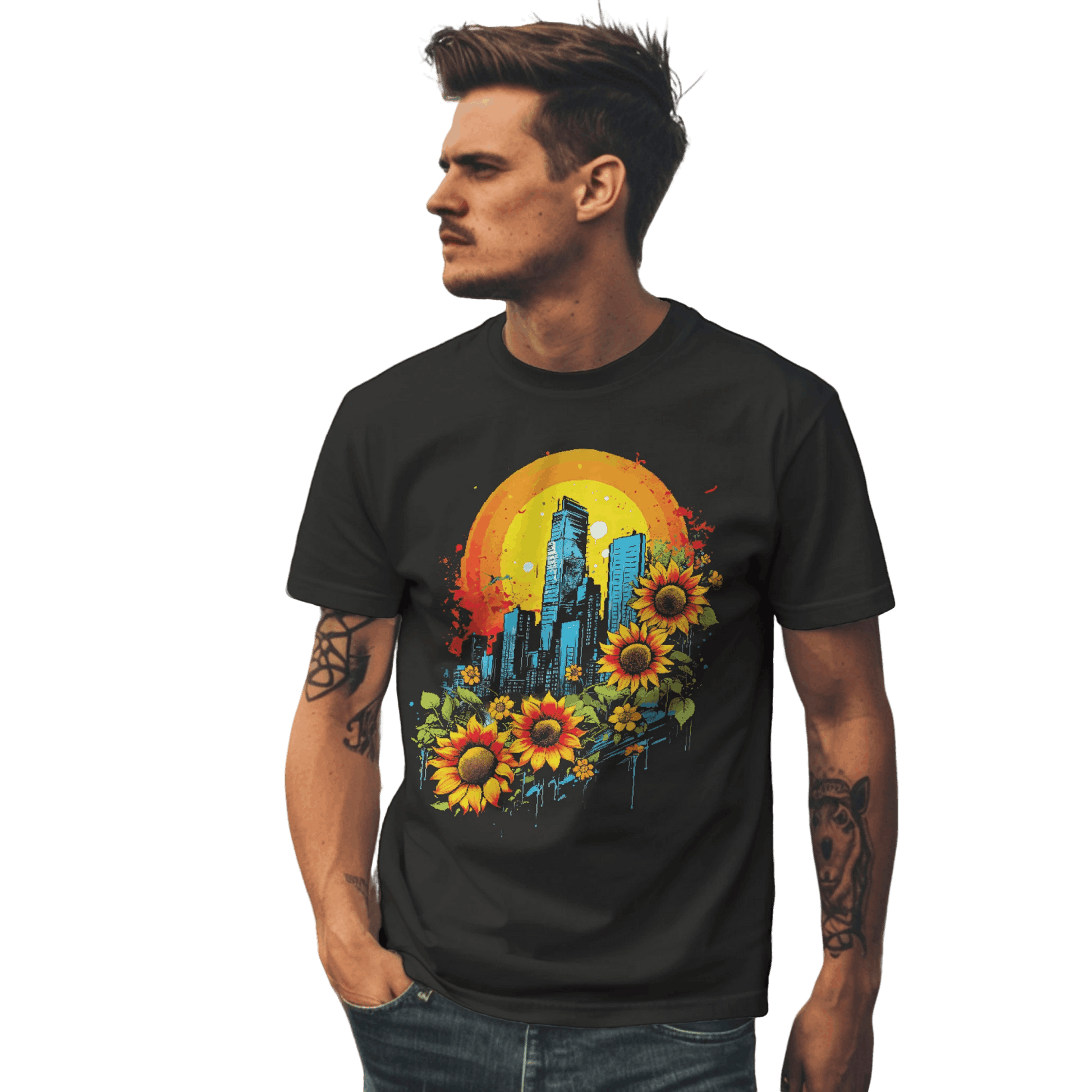 Urban Oasis Sunflower City T-Shirt: Nature Meets Urban Adventure