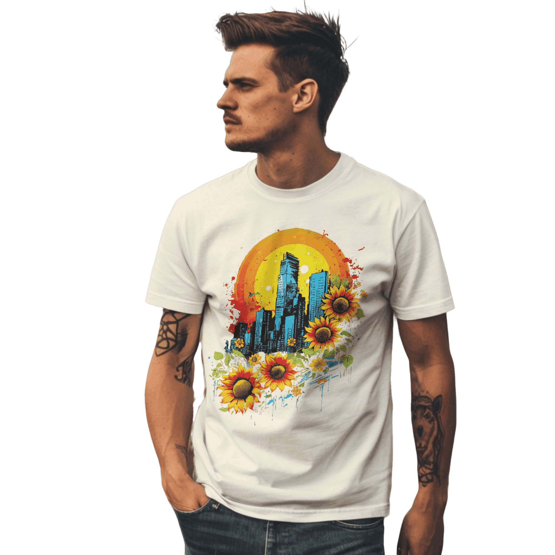 Urban Oasis Sunflower City T-Shirt: Nature Meets Urban Adventure