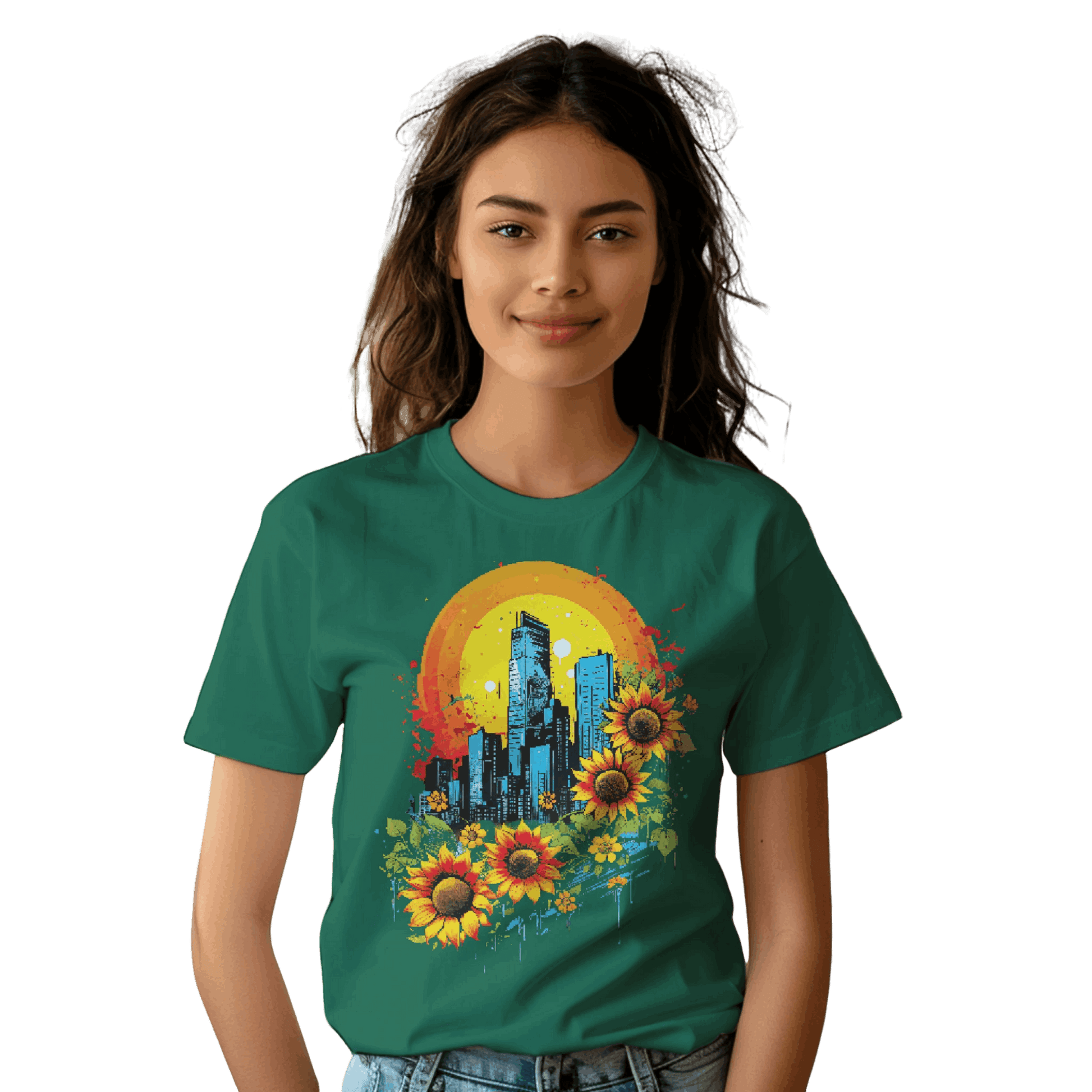 Urban Oasis Sunflower City T-Shirt: Nature Meets Urban Adventure Kelly