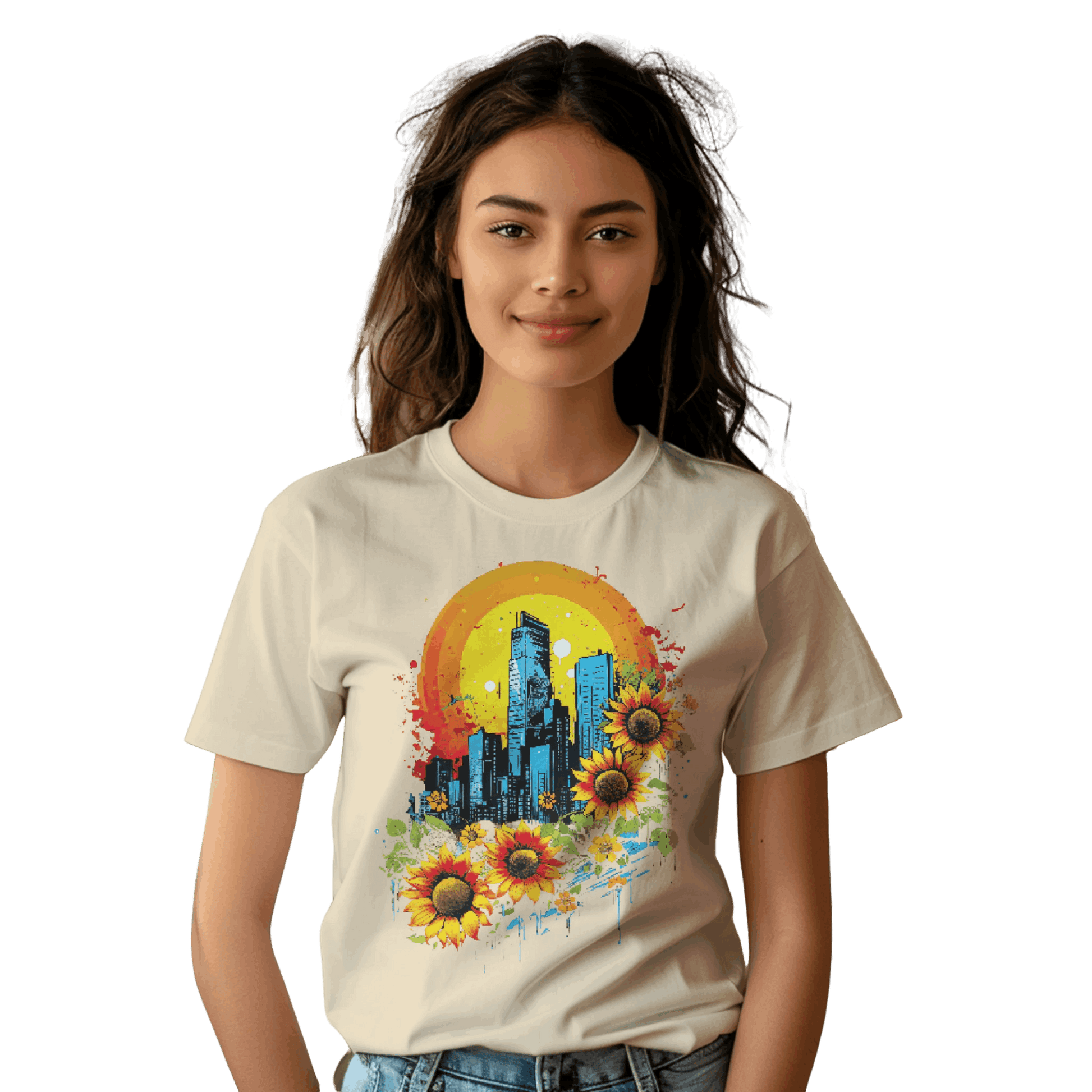 Urban Oasis Sunflower City T-Shirt: Nature Meets Urban Adventure Soft Cream