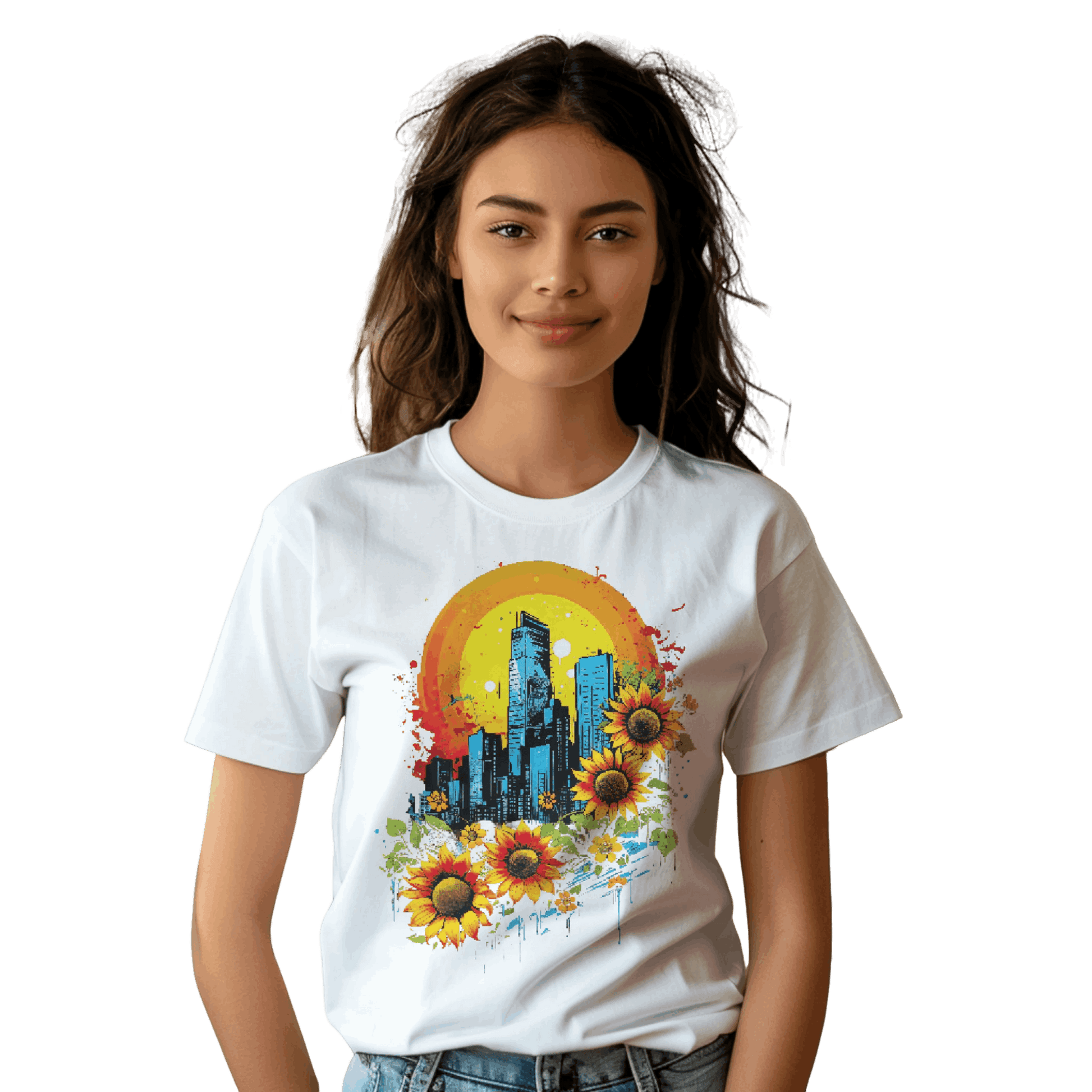 Urban Oasis Sunflower City T-Shirt: Nature Meets Urban Adventure White