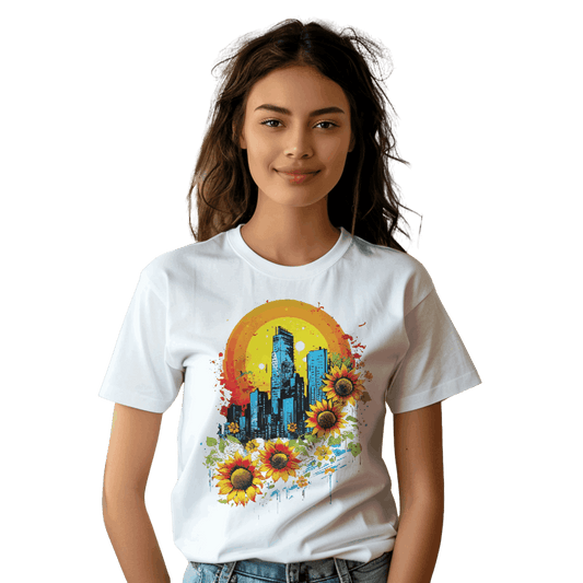 Urban Oasis Sunflower City T-Shirt: Nature Meets Urban Adventure White