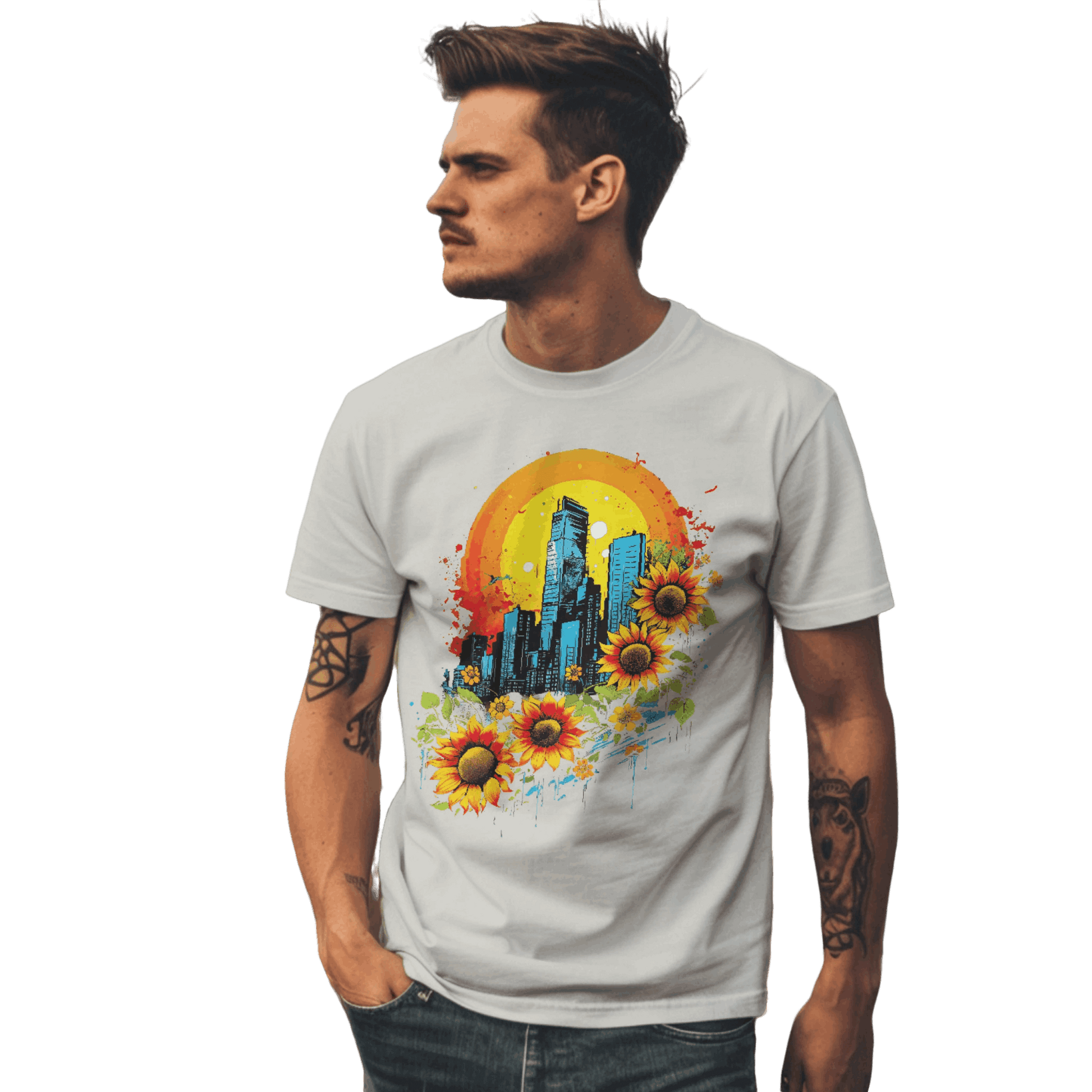 Urban Oasis Sunflower City T-Shirt: Nature Meets Urban Adventure