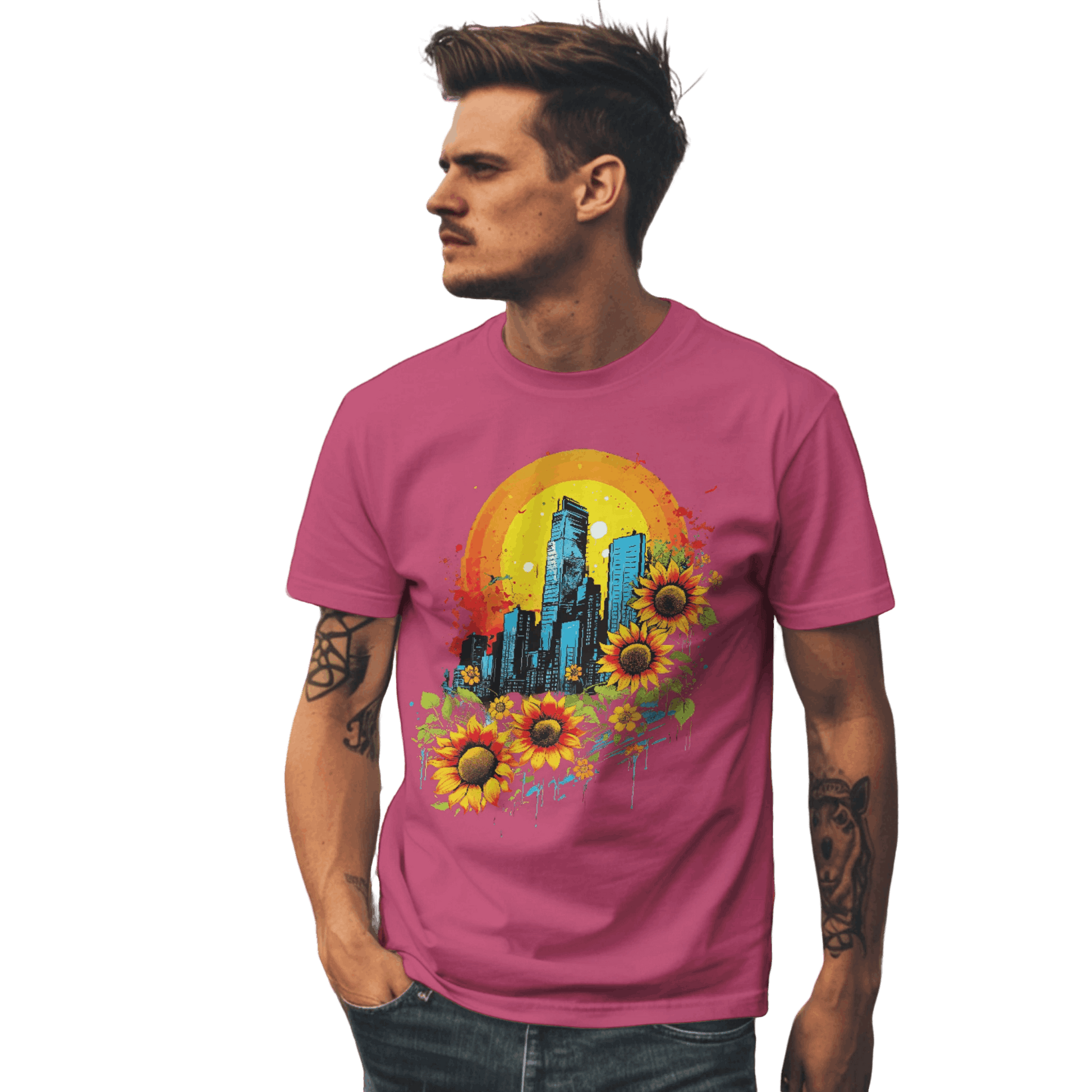 Urban Oasis Sunflower City T-Shirt: Nature Meets Urban Adventure