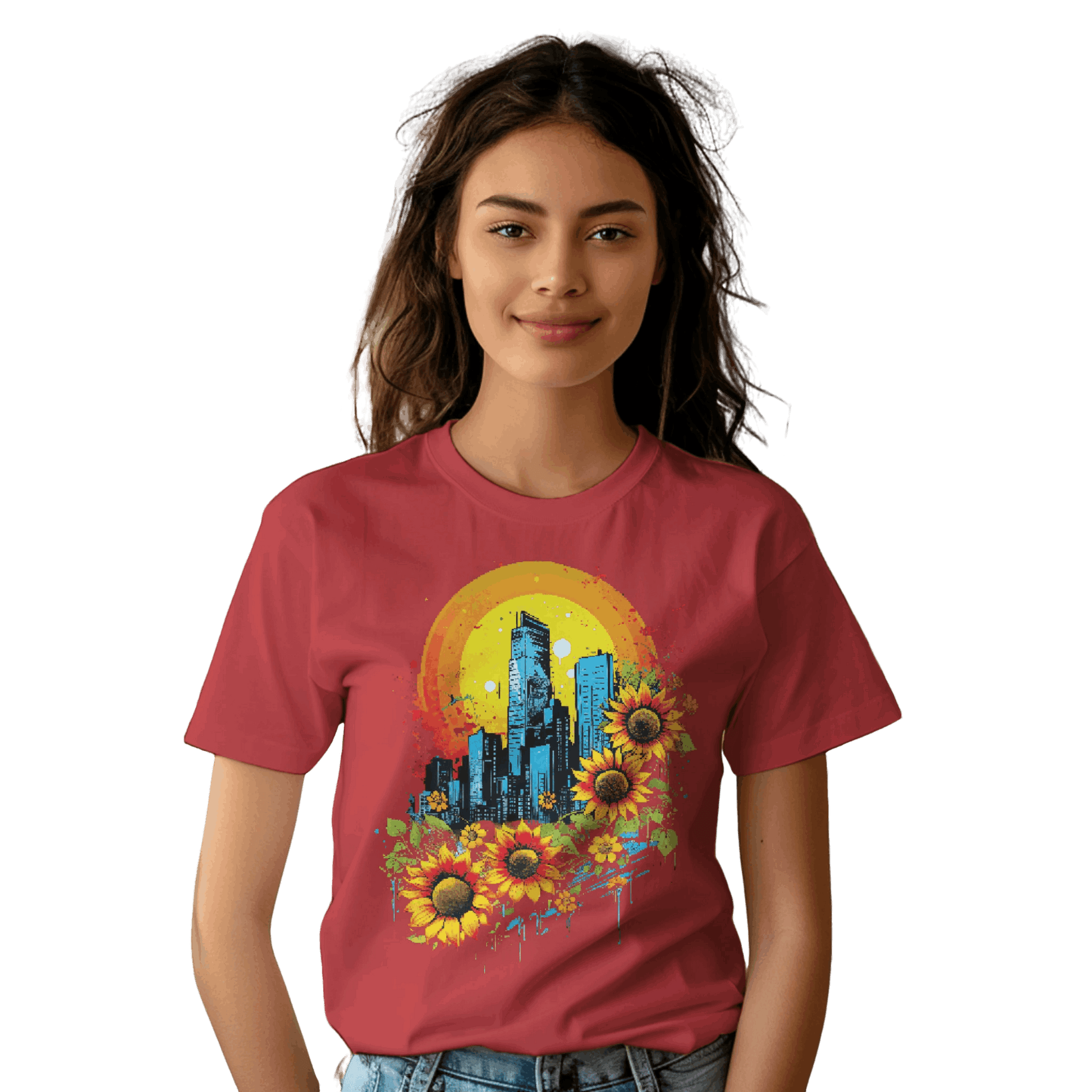 Urban Oasis Sunflower City T-Shirt: Nature Meets Urban Adventure Red