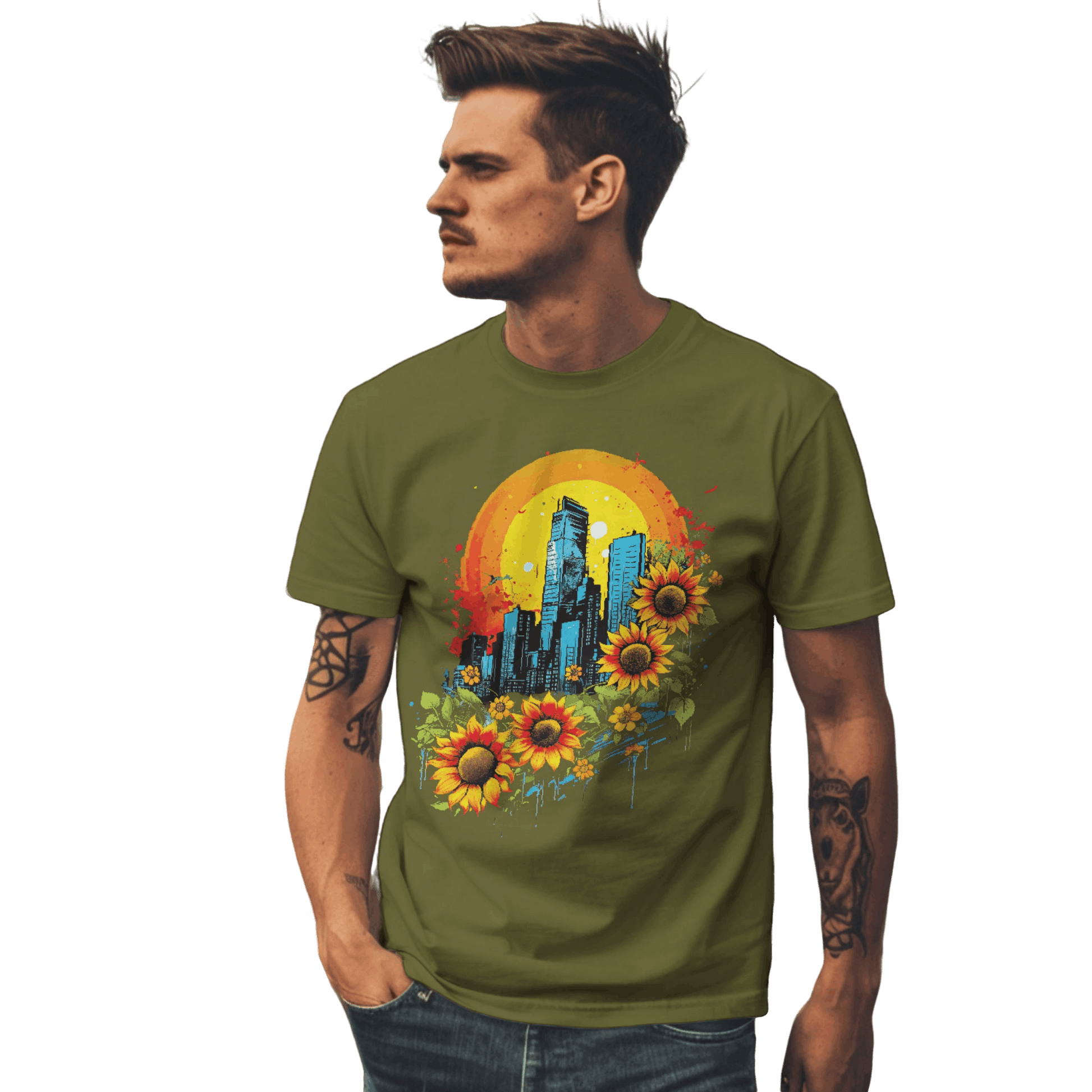 Urban Oasis Sunflower City T-Shirt: Nature Meets Urban Adventure