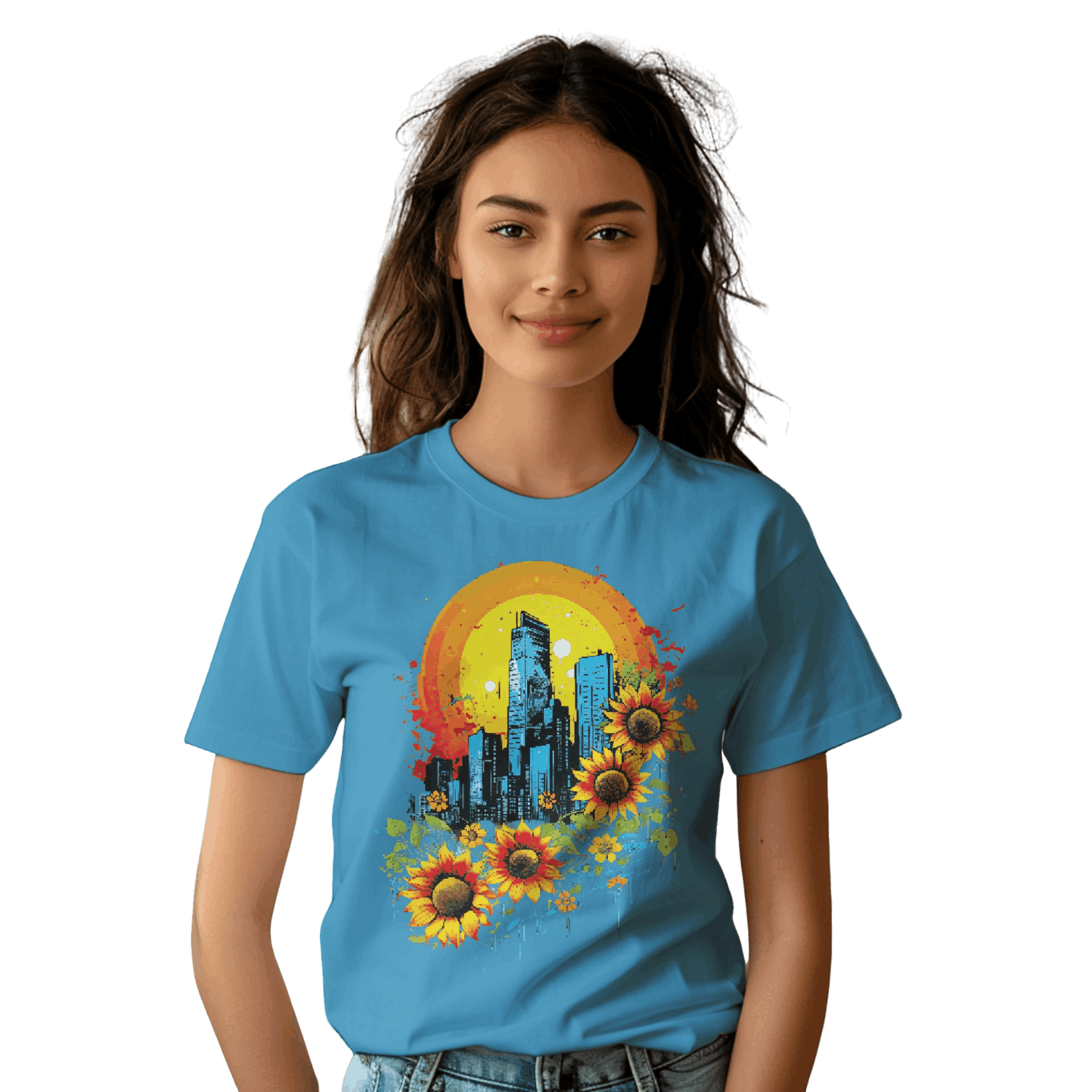 Urban Oasis Sunflower City T-Shirt: Nature Meets Urban Adventure Aqua