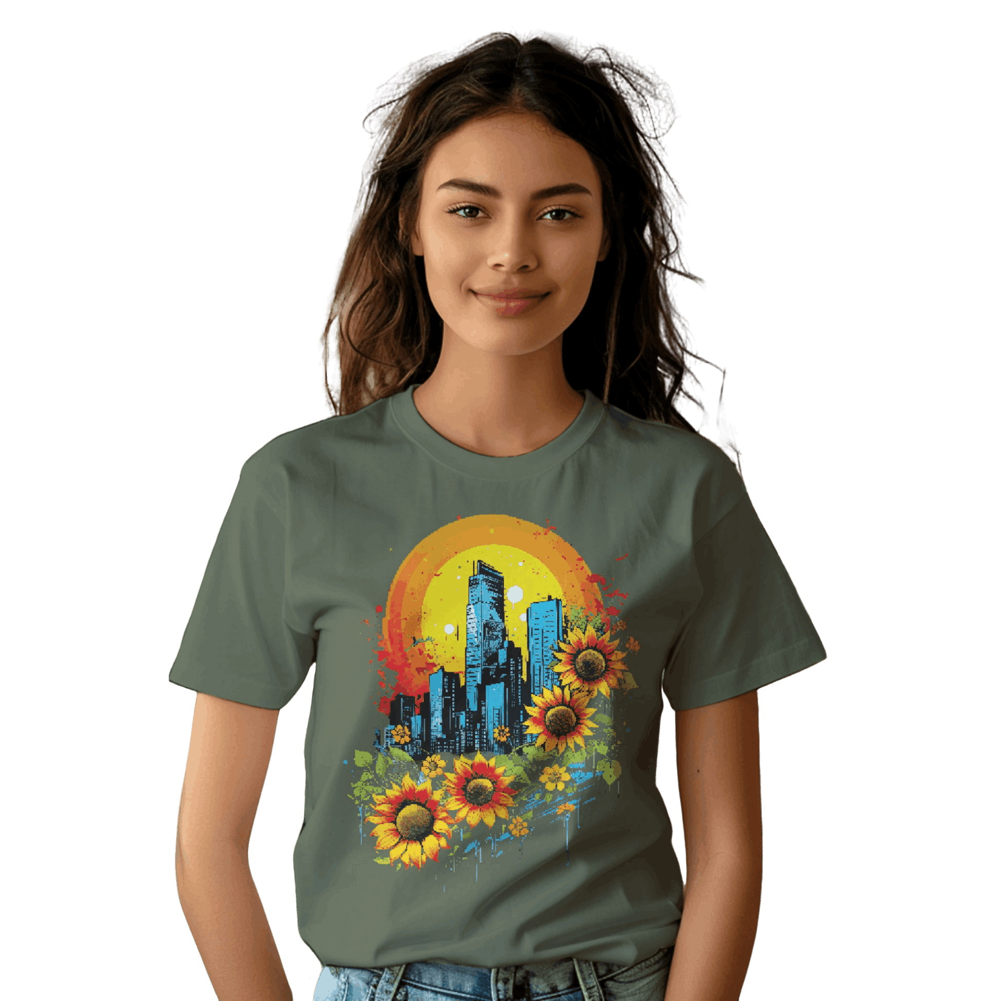 Urban Oasis Sunflower City T-Shirt: Nature Meets Urban Adventure Olive