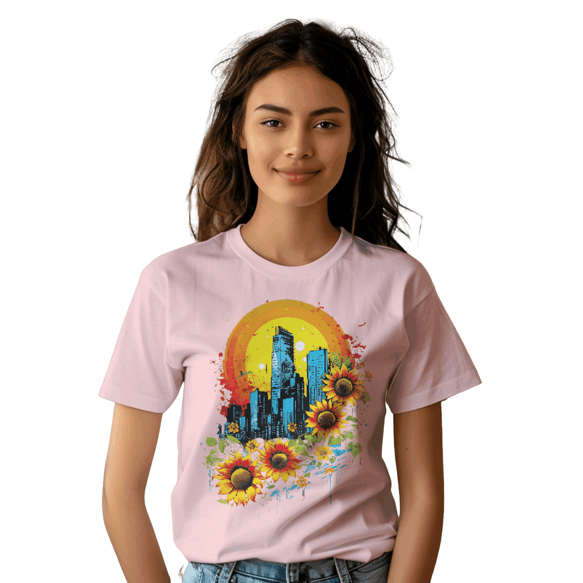 Urban Oasis Sunflower City T-Shirt: Nature Meets Urban Adventure Pink