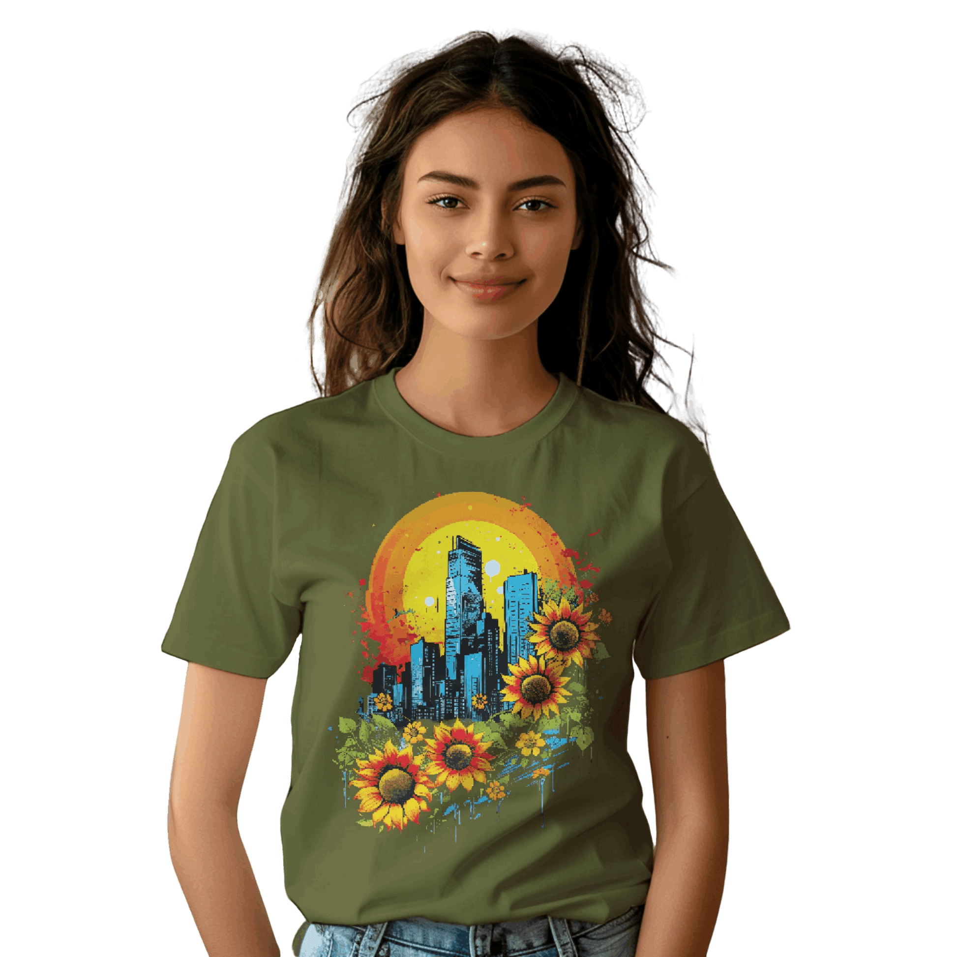 Urban Oasis Sunflower City T-Shirt: Nature Meets Urban Adventure Military Green