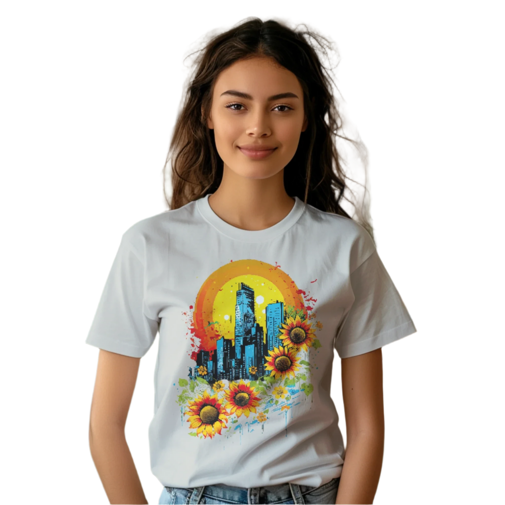 Urban Oasis Sunflower City T-Shirt: Nature Meets Urban Adventure Silver