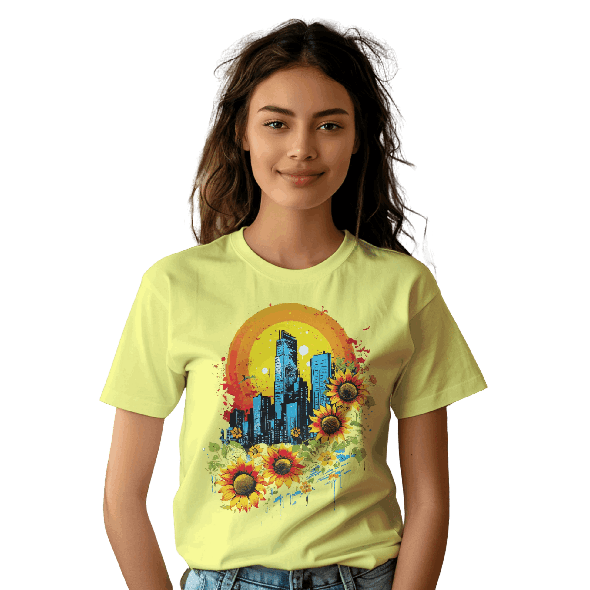 Urban Oasis Sunflower City T-Shirt: Nature Meets Urban Adventure Yellow