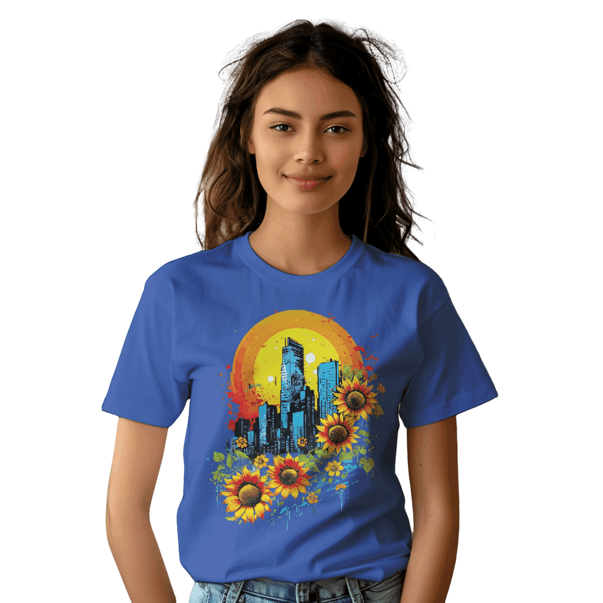 Urban Oasis Sunflower City T-Shirt: Nature Meets Urban Adventure True Royal