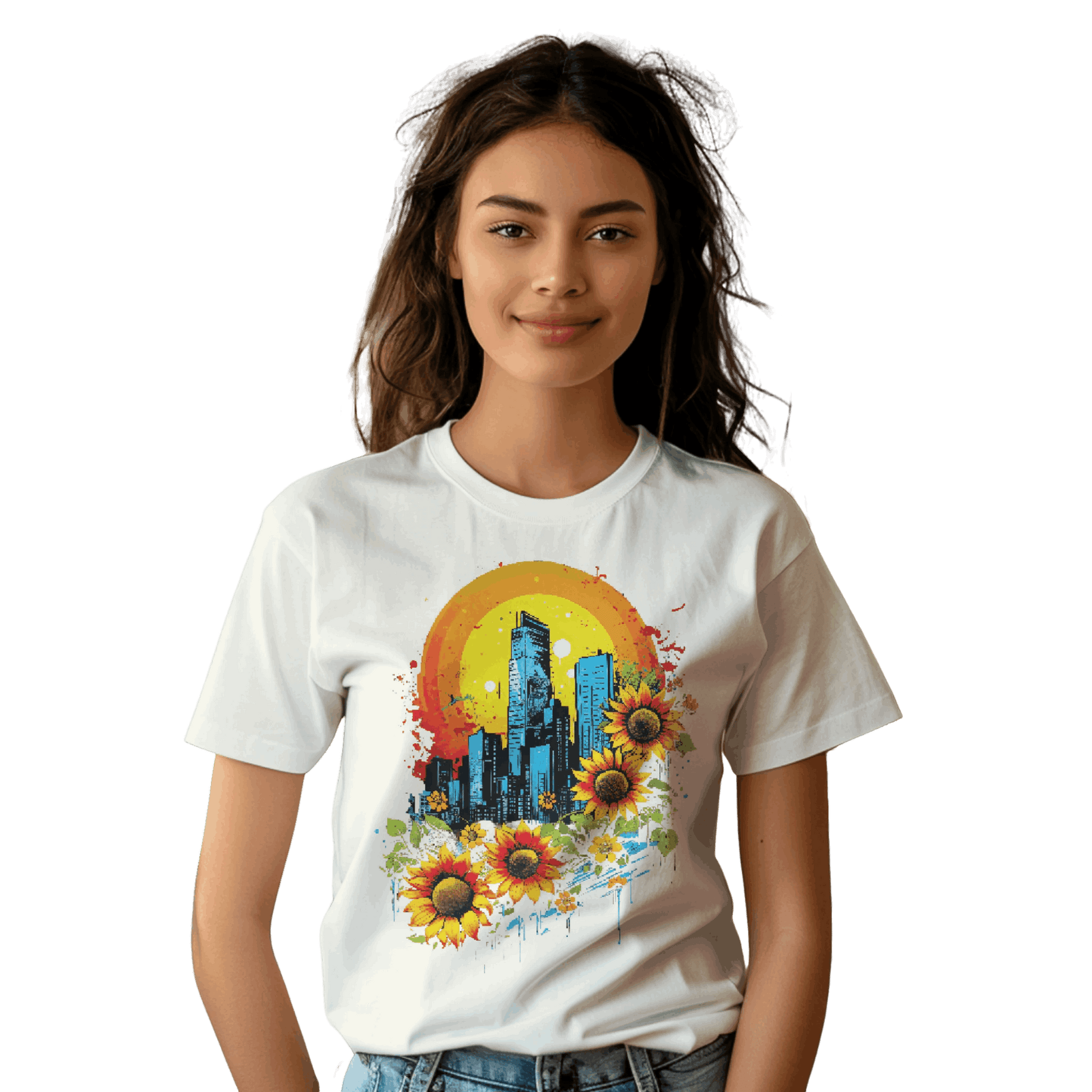 Urban Oasis Sunflower City T-Shirt: Nature Meets Urban Adventure Natural