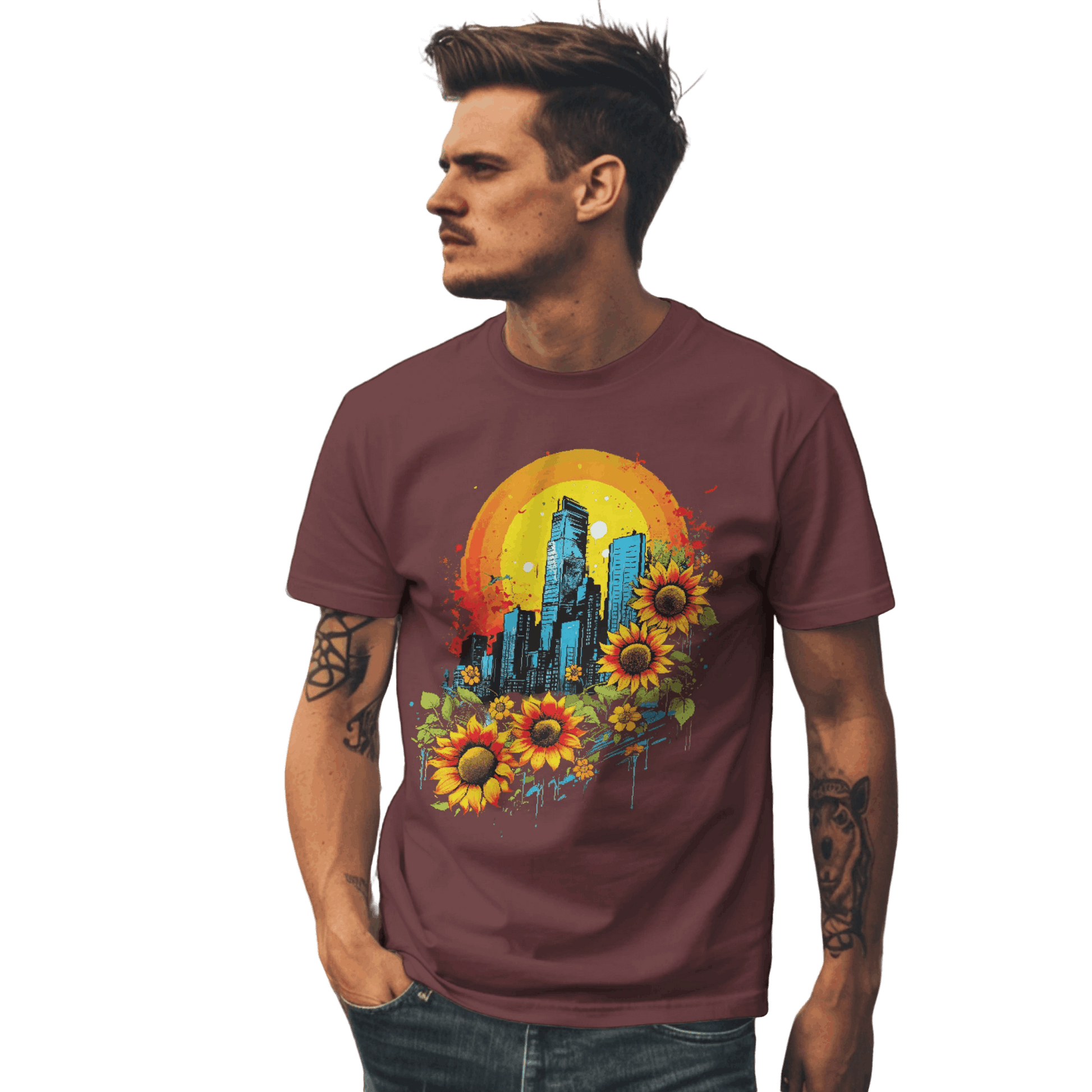 Urban Oasis Sunflower City T-Shirt: Nature Meets Urban Adventure