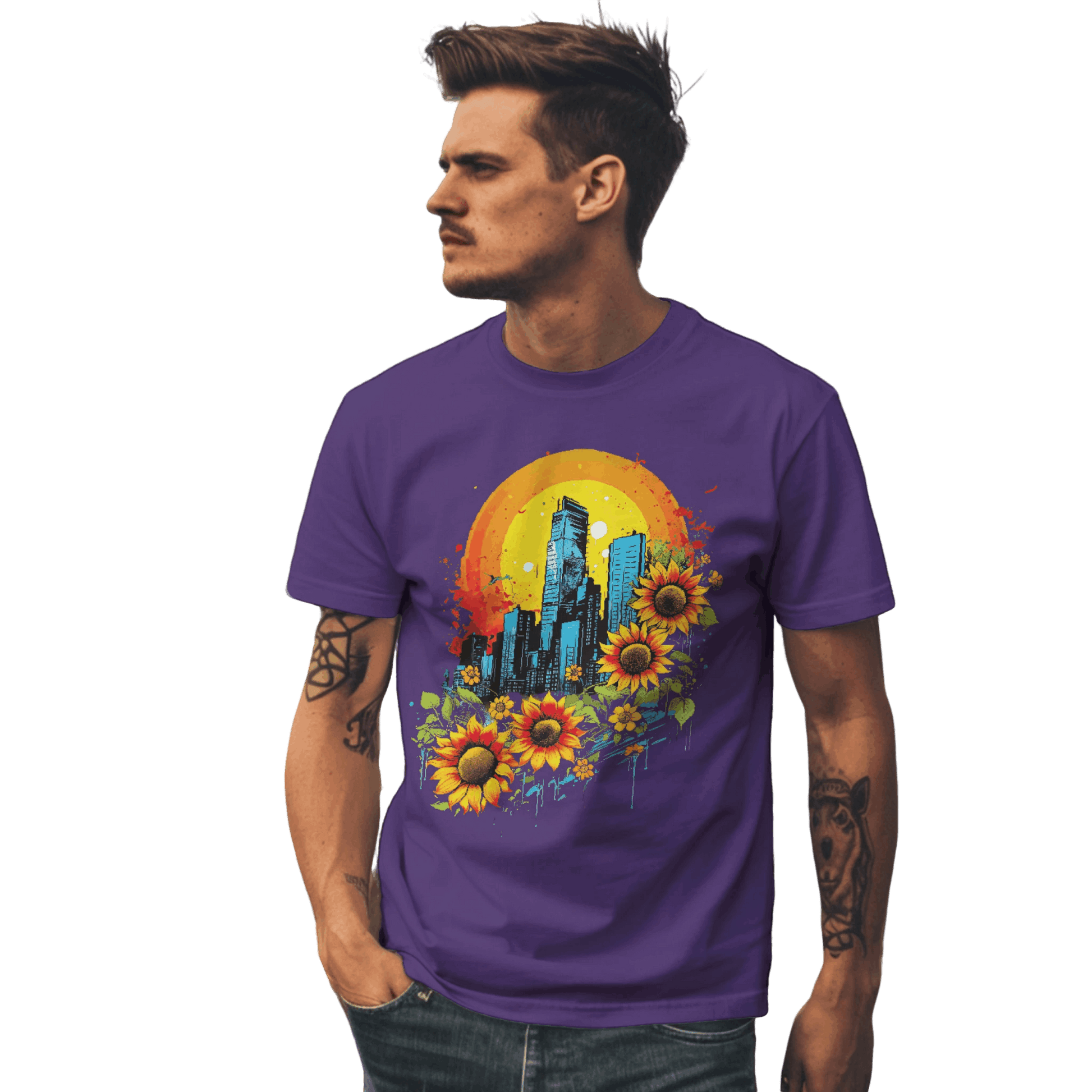 Urban Oasis Sunflower City T-Shirt: Nature Meets Urban Adventure