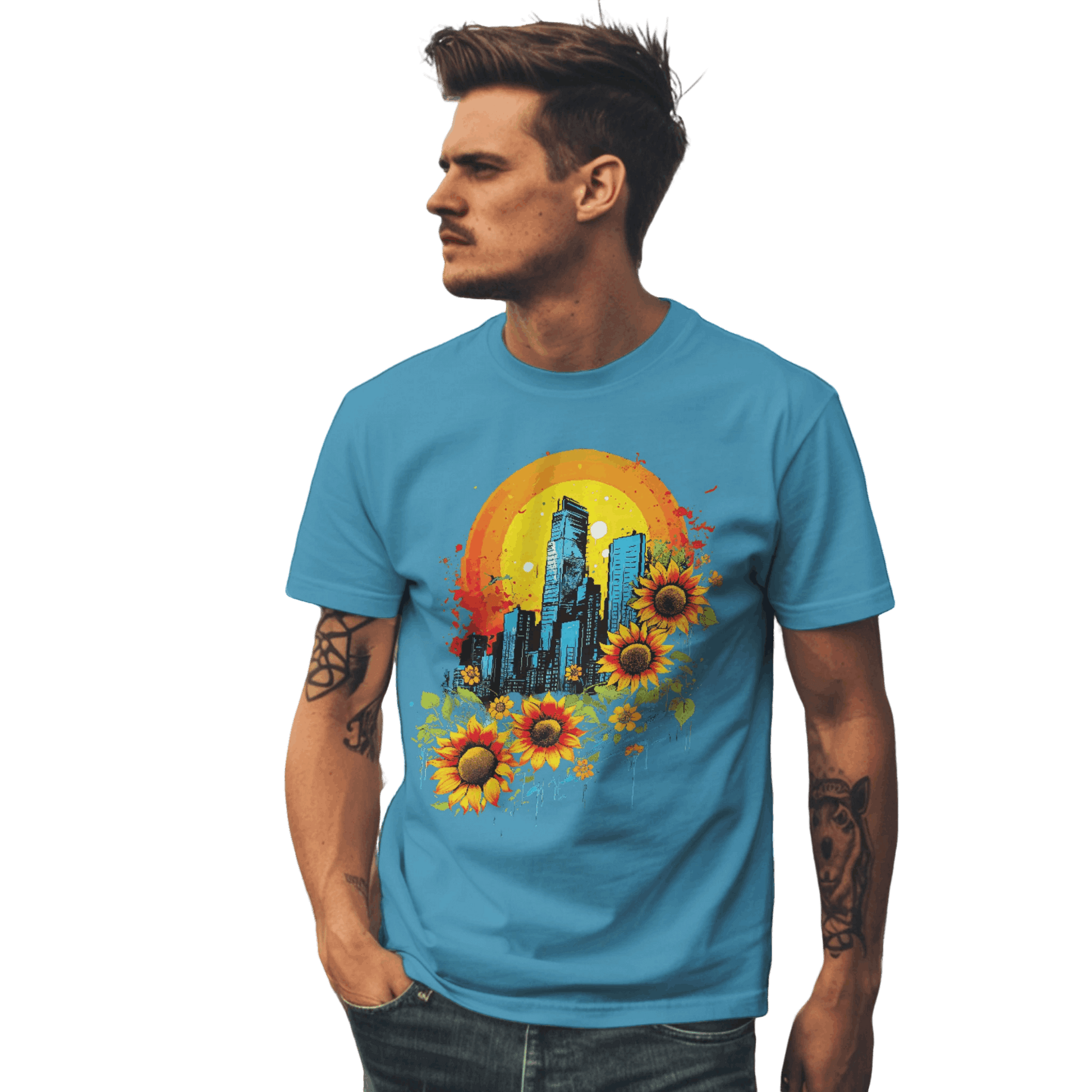 Urban Oasis Sunflower City T-Shirt: Nature Meets Urban Adventure