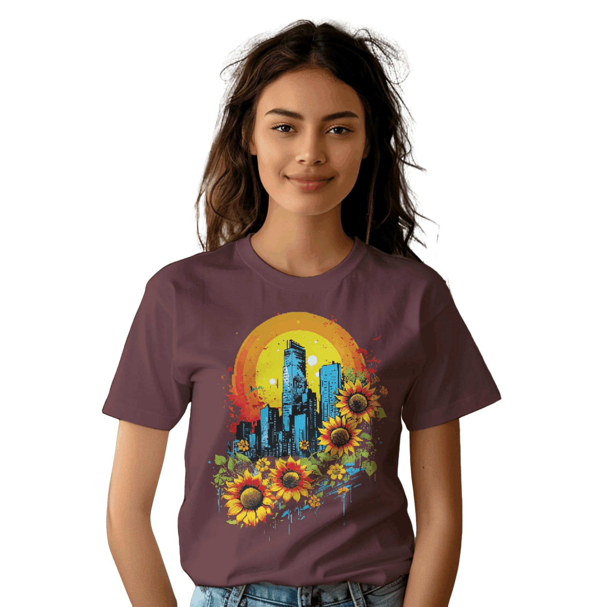 Urban Oasis Sunflower City T-Shirt: Nature Meets Urban Adventure Maroon