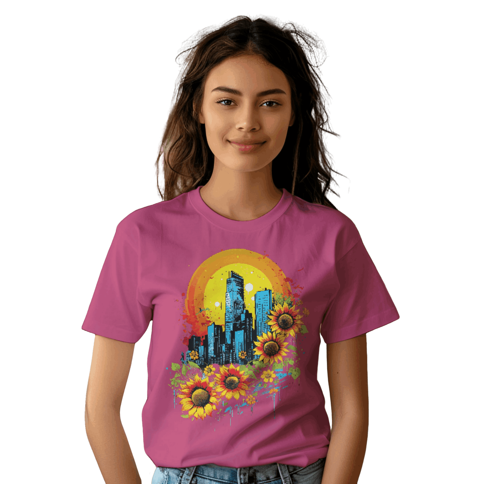 Urban Oasis Sunflower City T-Shirt: Nature Meets Urban Adventure Berry