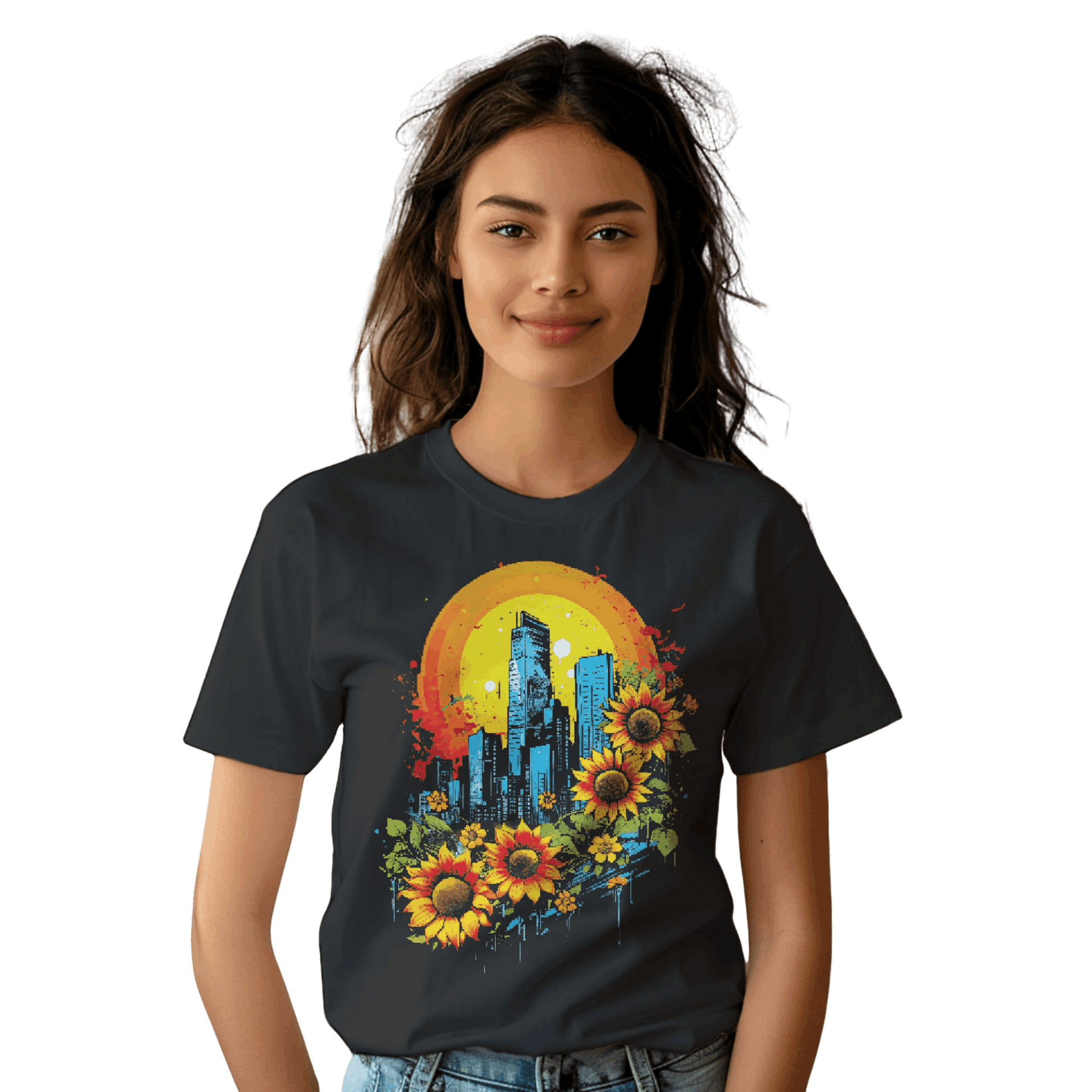 Urban Oasis Sunflower City T-Shirt: Nature Meets Urban Adventure Black