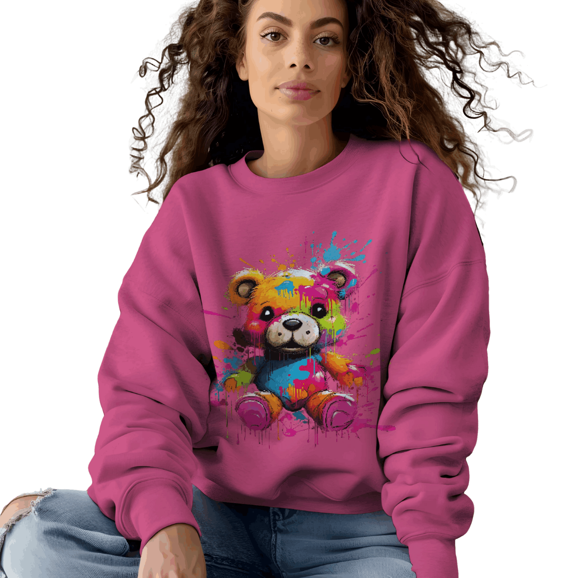 Teddy Bear Paint Splatter Crewneck Sweatshirt for Unique Style Heliconia