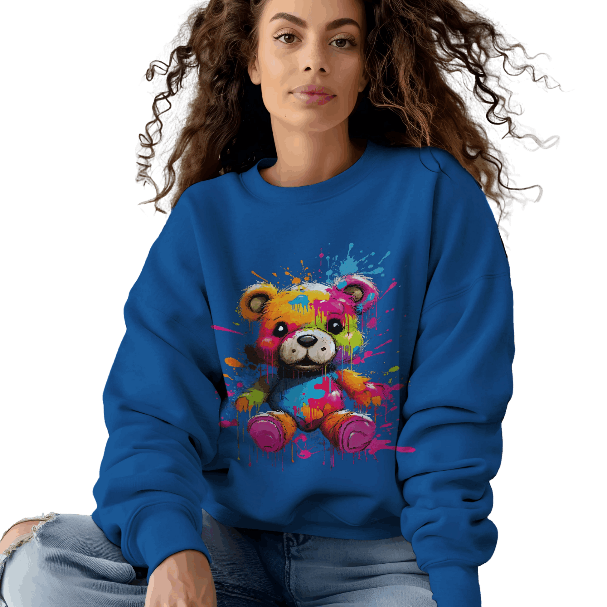 Teddy Bear Paint Splatter Crewneck Sweatshirt for Unique Style Royal