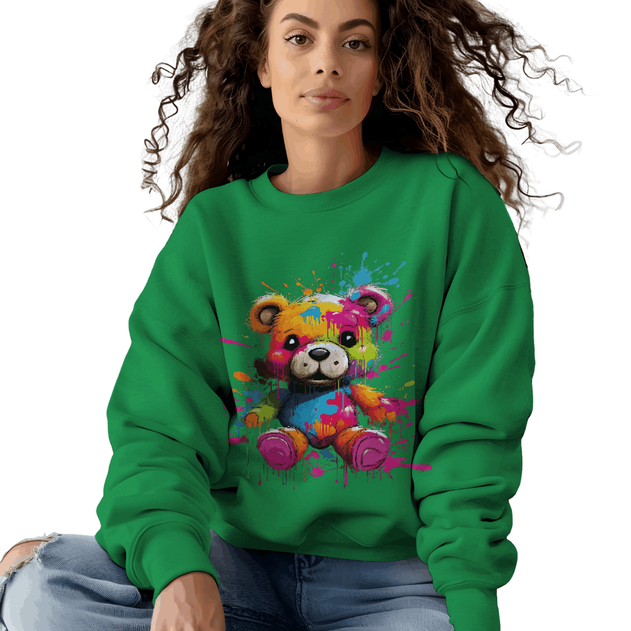 Teddy Bear Paint Splatter Crewneck Sweatshirt for Unique Style Irish Green