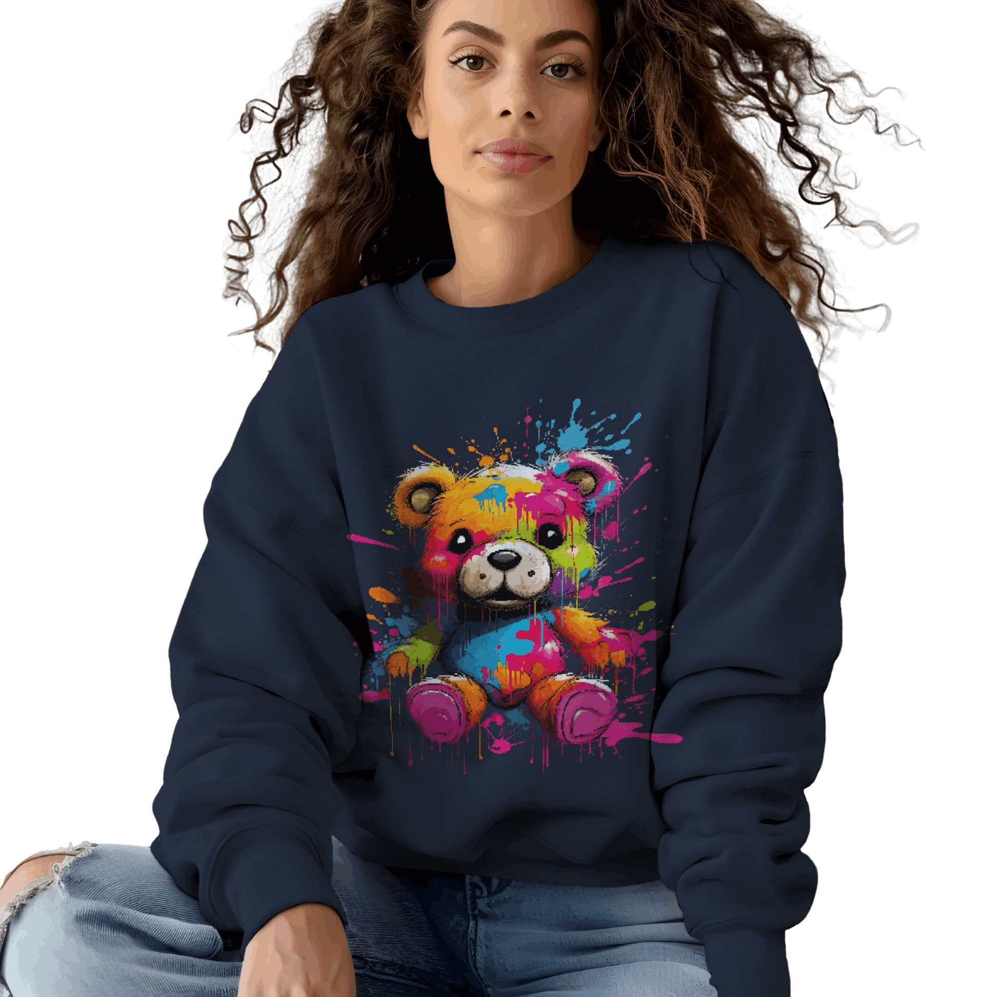 Teddy Bear Paint Splatter Crewneck Sweatshirt for Unique Style Navy