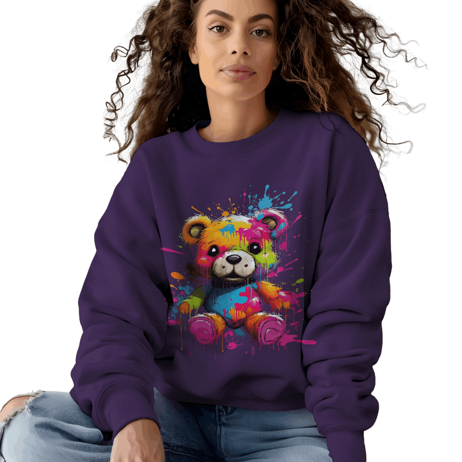 Teddy Bear Paint Splatter Crewneck Sweatshirt for Unique Style Purple