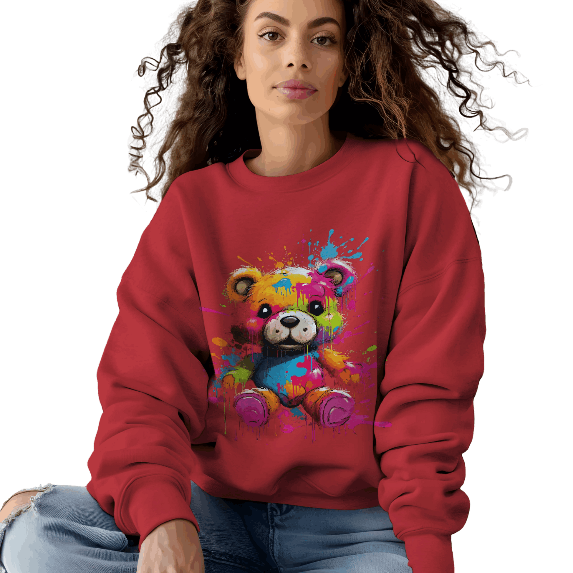 Teddy Bear Paint Splatter Crewneck Sweatshirt for Unique Style Red