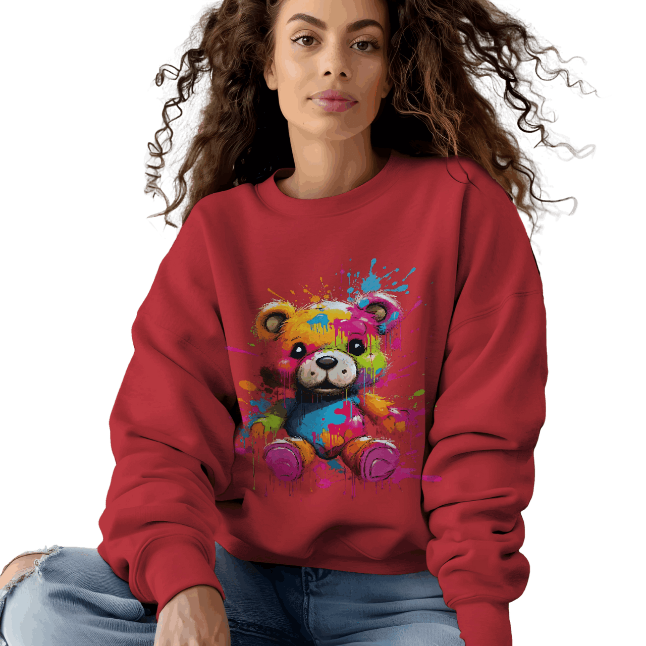 Teddy Bear Paint Splatter Crewneck Sweatshirt for Unique Style Red