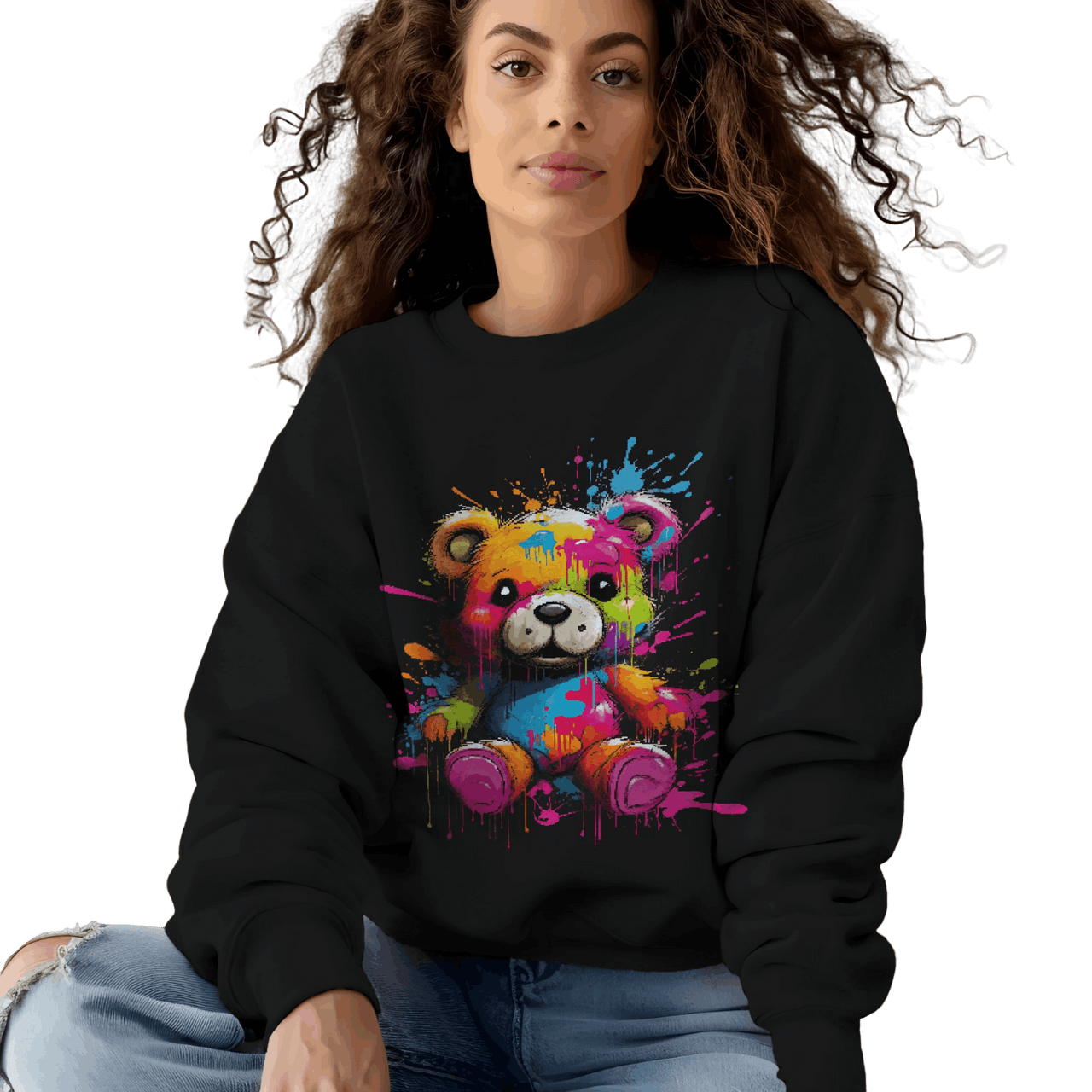 Teddy Bear Paint Splatter Crewneck Sweatshirt for Unique Style Black