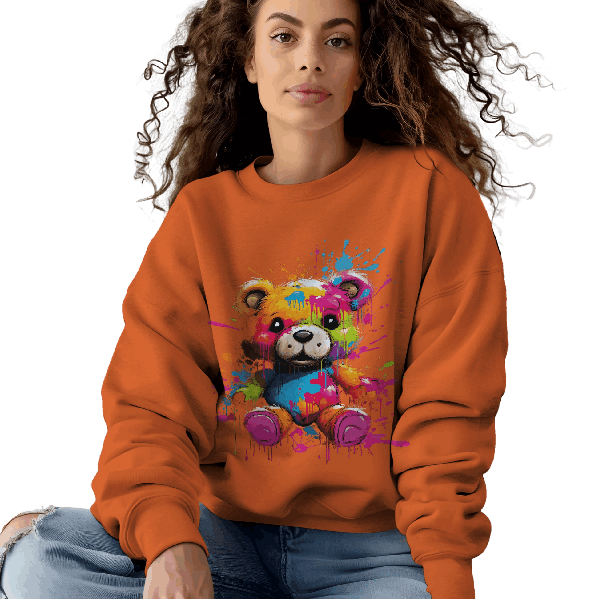 Teddy Bear Paint Splatter Crewneck Sweatshirt for Unique Style Orange