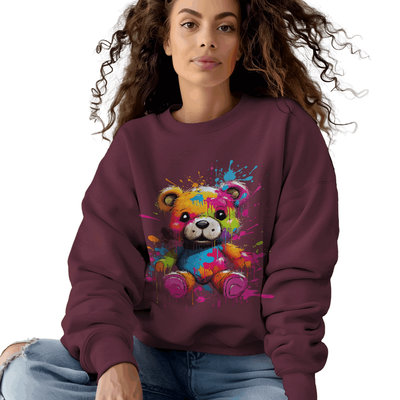 Teddy Bear Paint Splatter Crewneck Sweatshirt for Unique Style Maroon