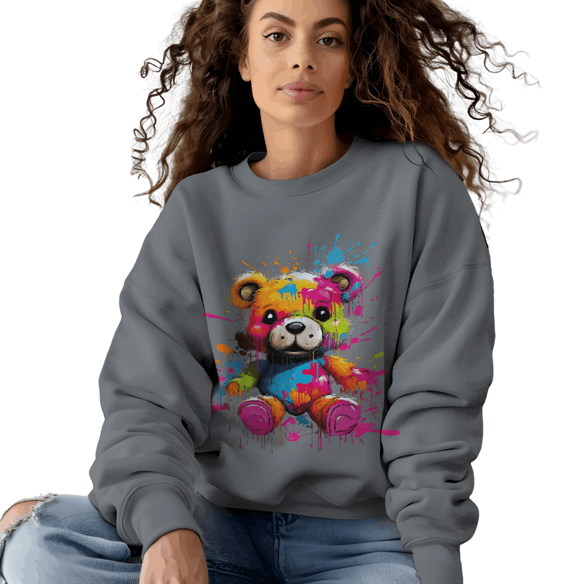 Teddy Bear Paint Splatter Crewneck Sweatshirt for Unique Style Graphite Heather