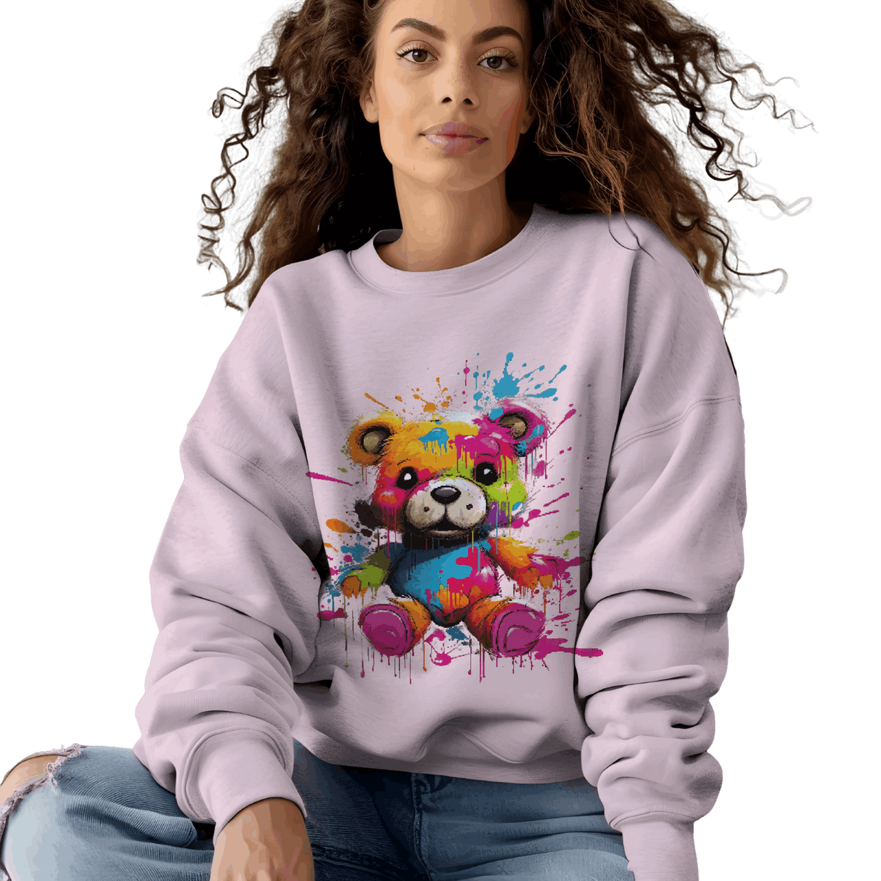 Teddy Bear Paint Splatter Crewneck Sweatshirt for Unique Style Light Pink